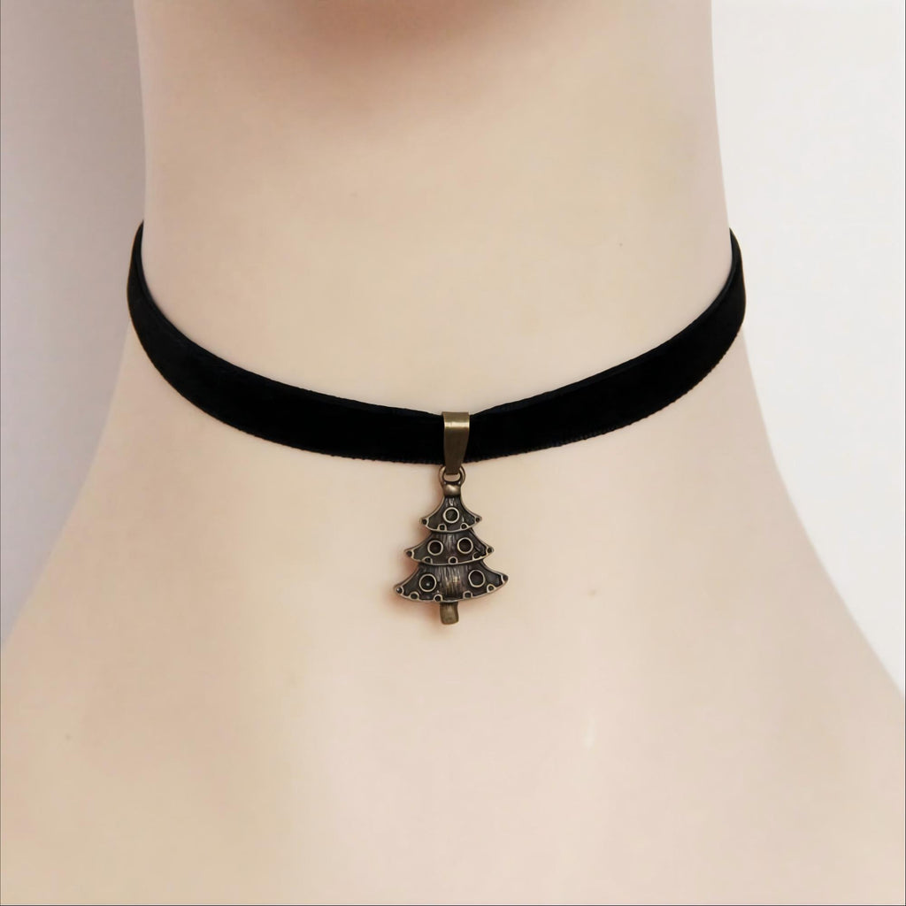 Christmas Black Velvet Choker Necklace | Antique Bronze Christmas Tree Pendant Gothic Dark Holiday Festive Jewelry Gift