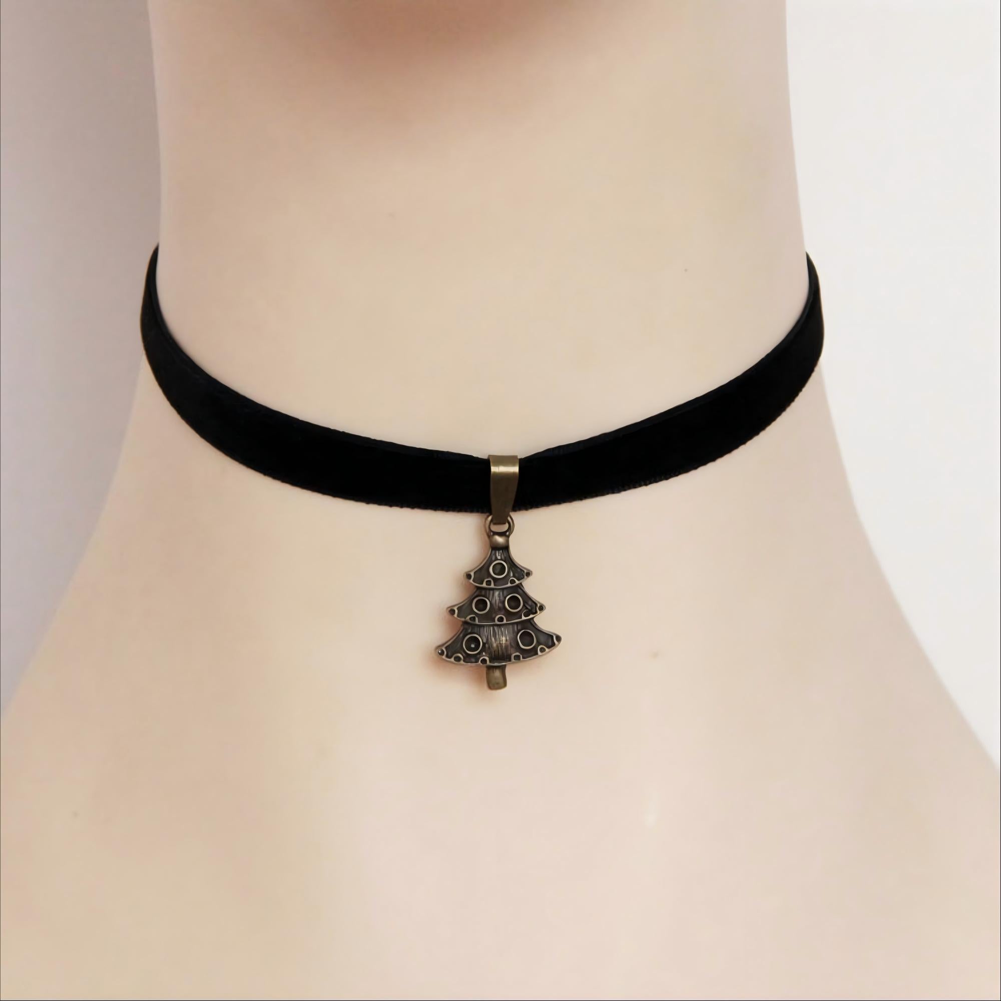 Christmas Black Velvet Choker Necklace | Antique Bronze Christmas Tree Pendant Gothic Dark Holiday Festive Jewelry Gift