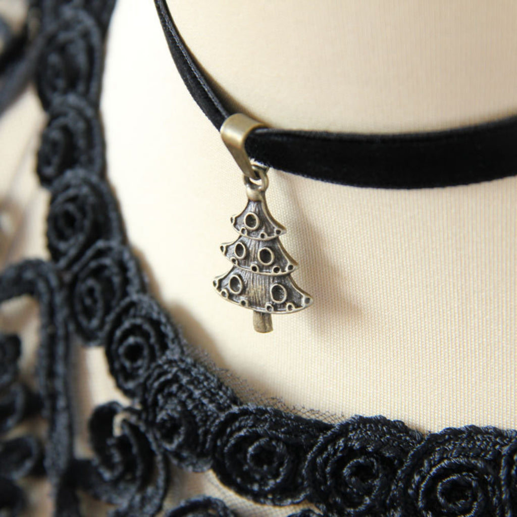 Christmas Black Velvet Choker Necklace | Antique Bronze Christmas Tree Pendant Gothic Dark Holiday Festive Jewelry Gift