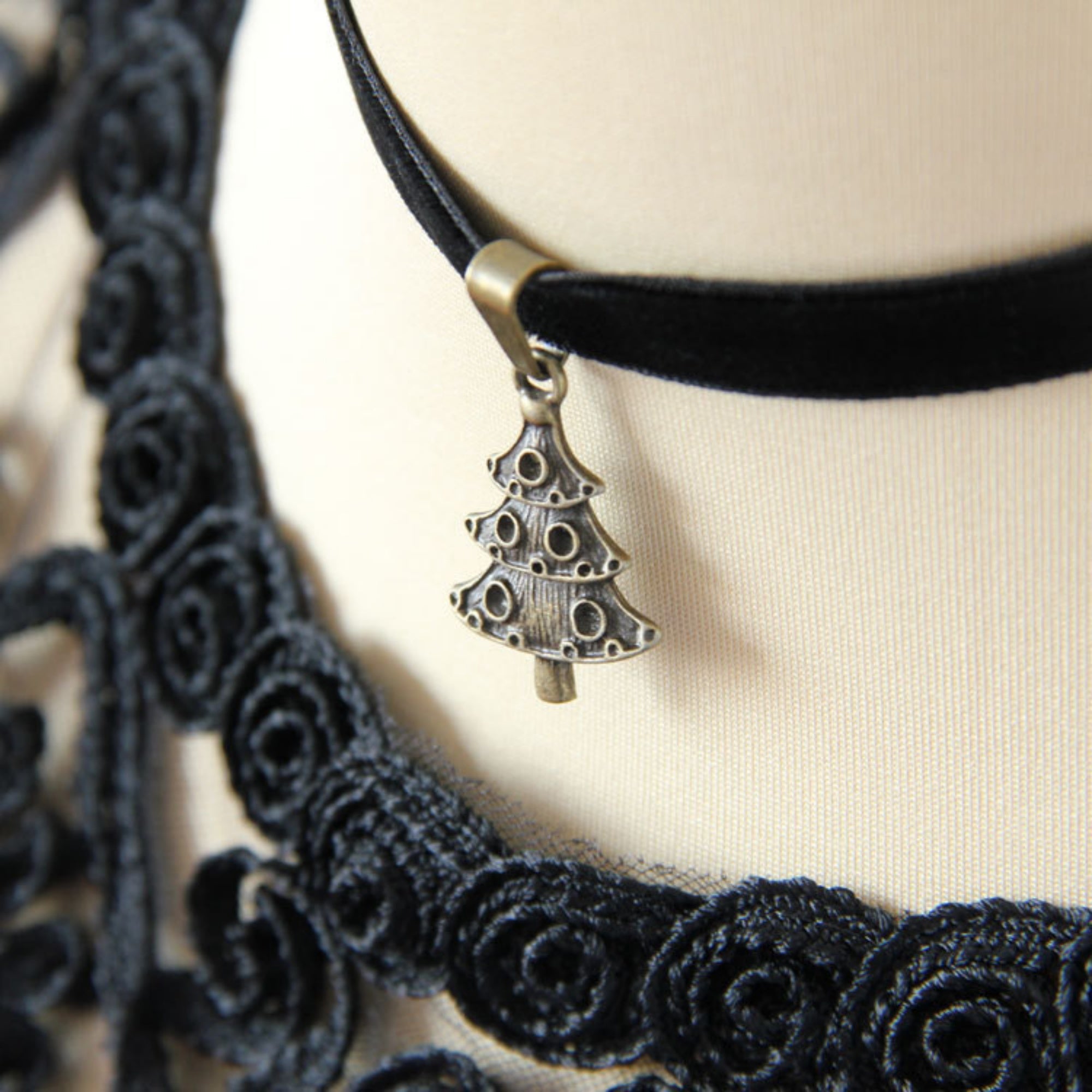 Christmas Black Velvet Choker Necklace | Antique Bronze Christmas Tree Pendant Gothic Dark Holiday Festive Jewelry Gift