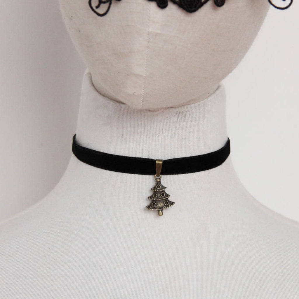 Christmas Black Velvet Choker Necklace | Antique Bronze Christmas Tree Pendant Gothic Dark Holiday Festive Jewelry Gift