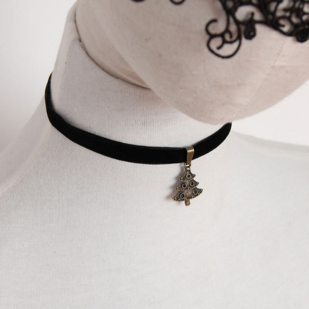Christmas Black Velvet Choker Necklace | Antique Bronze Christmas Tree Pendant Gothic Dark Holiday Festive Jewelry Gift