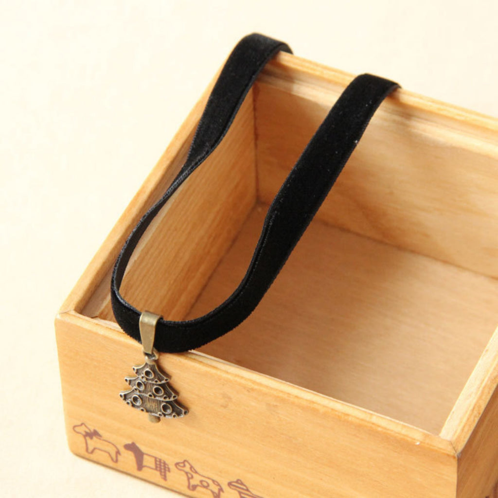 Christmas Black Velvet Choker Necklace | Antique Bronze Christmas Tree Pendant Gothic Dark Holiday Festive Jewelry Gift