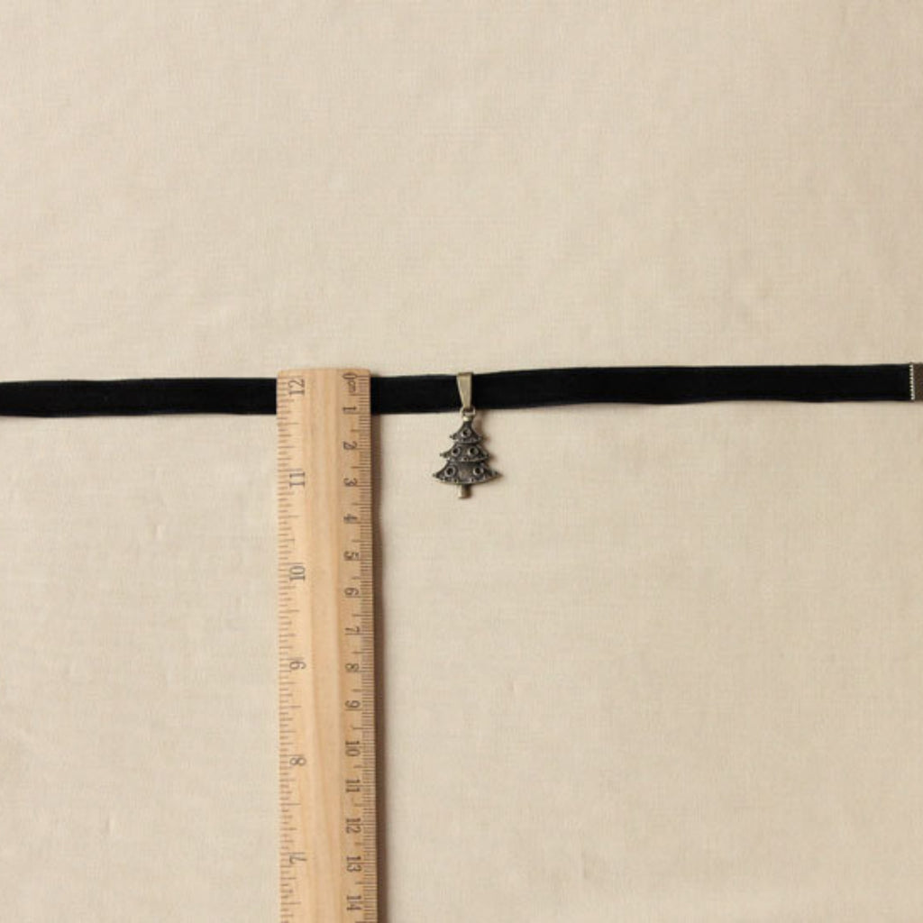 Christmas Black Velvet Choker Necklace | Antique Bronze Christmas Tree Pendant Gothic Dark Holiday Festive Jewelry Gift
