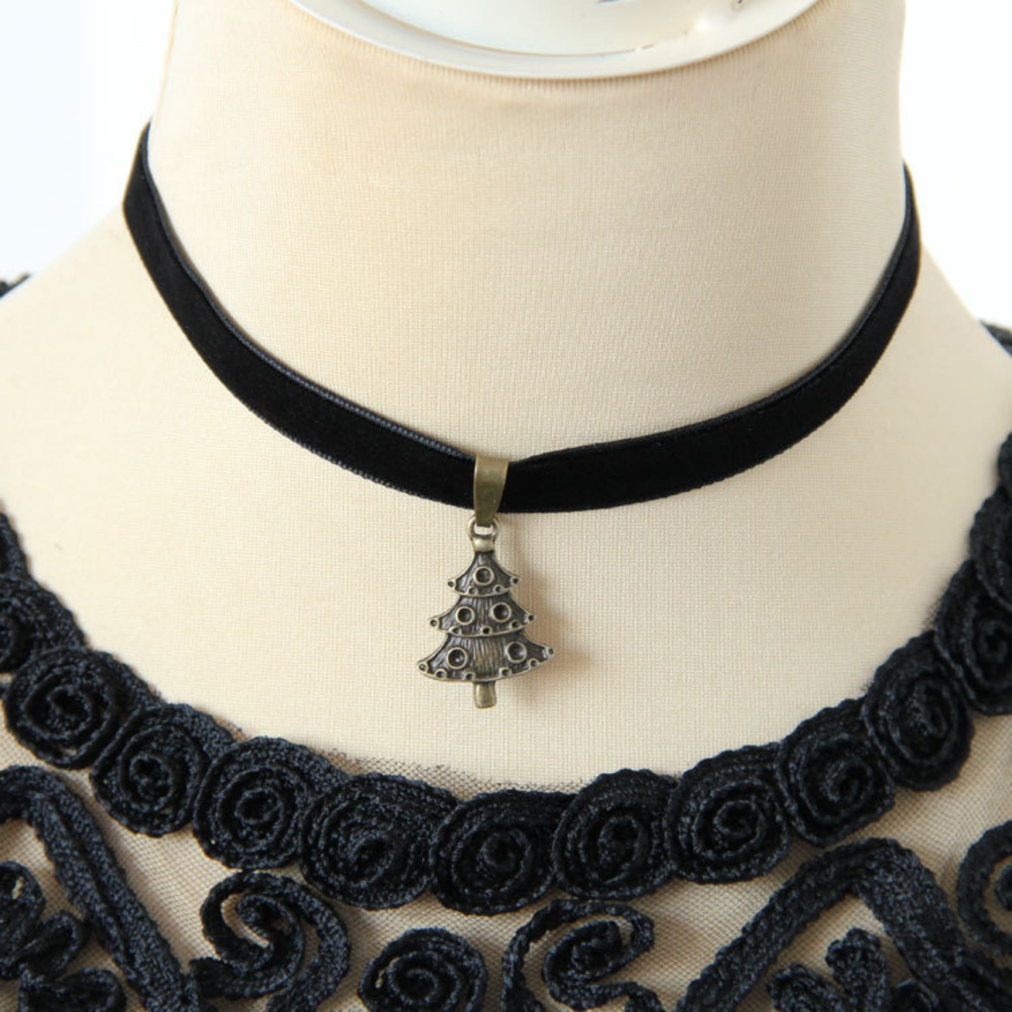 Christmas Black Velvet Choker Necklace | Antique Bronze Christmas Tree Pendant Gothic Dark Holiday Festive Jewelry Gift