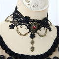Halloween Black Gothic Lace Collar Necklace | Blood Red Gem Antique Bronze Heart Wing Drop Vampire Blood Romance Halloween Costume Jewelry Gift