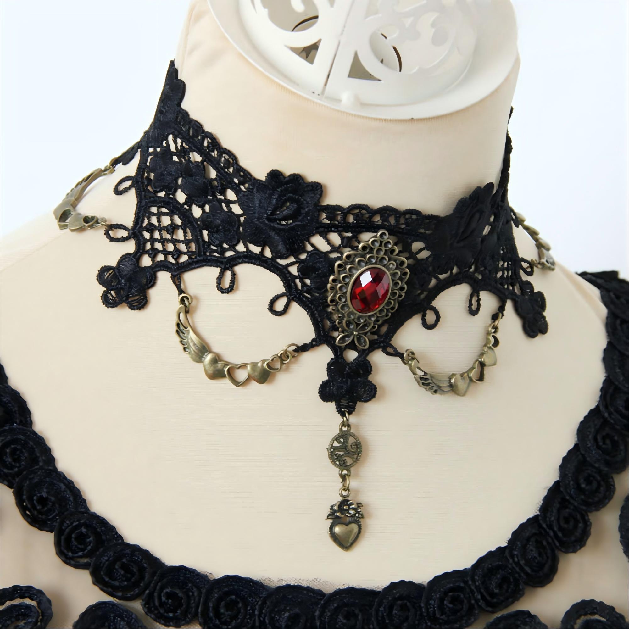 Halloween Black Gothic Lace Collar Necklace | Blood Red Gem Antique Bronze Heart Wing Drop Vampire Blood Romance Halloween Costume Jewelry Gift