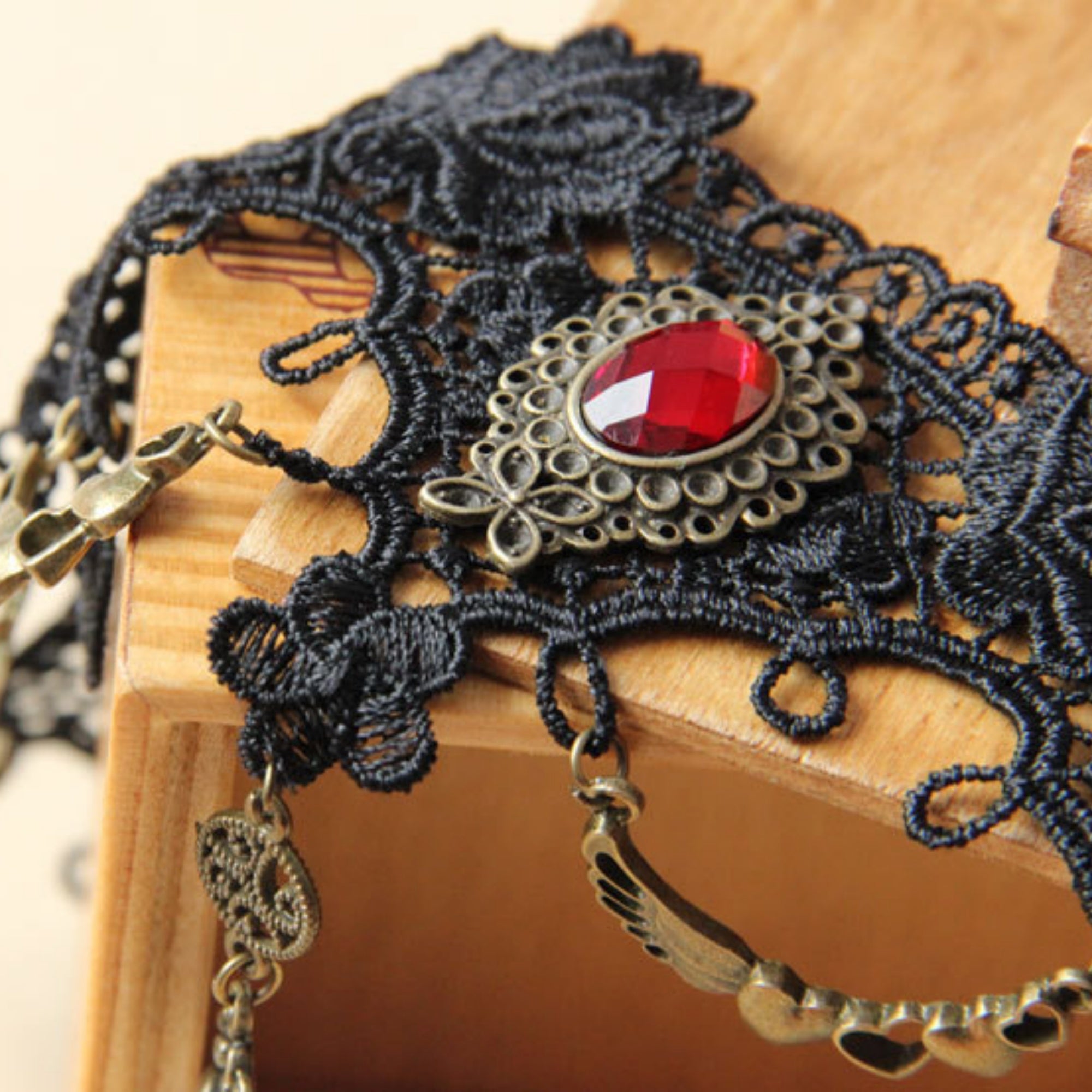 Halloween Black Gothic Lace Collar Necklace | Blood Red Gem Antique Bronze Heart Wing Drop Vampire Blood Romance Halloween Costume Jewelry Gift