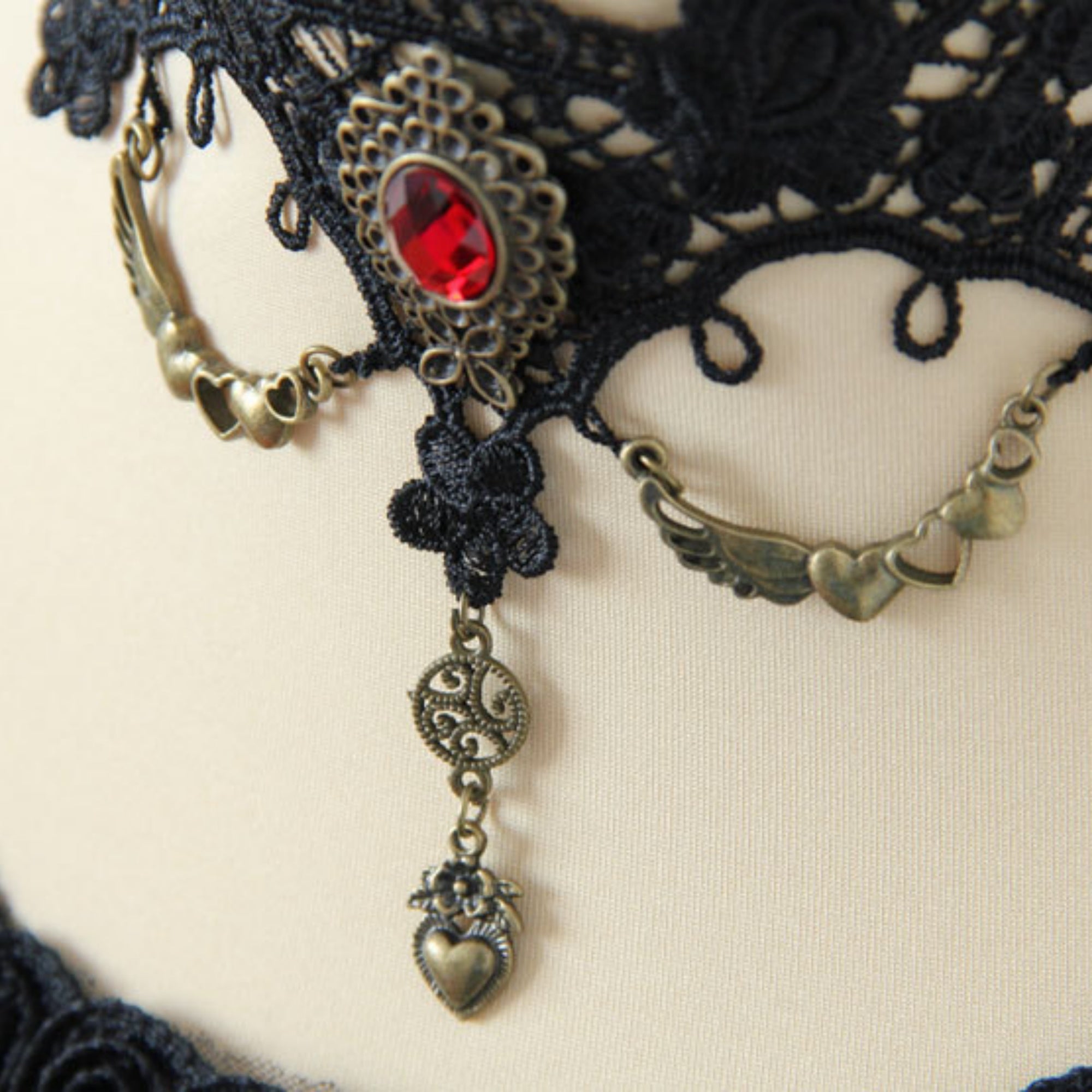 Halloween Black Gothic Lace Collar Necklace | Blood Red Gem Antique Bronze Heart Wing Drop Vampire Blood Romance Halloween Costume Jewelry Gift