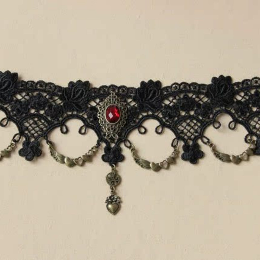 Halloween Black Gothic Lace Collar Necklace | Blood Red Gem Antique Bronze Heart Wing Drop Vampire Blood Romance Halloween Costume Jewelry Gift