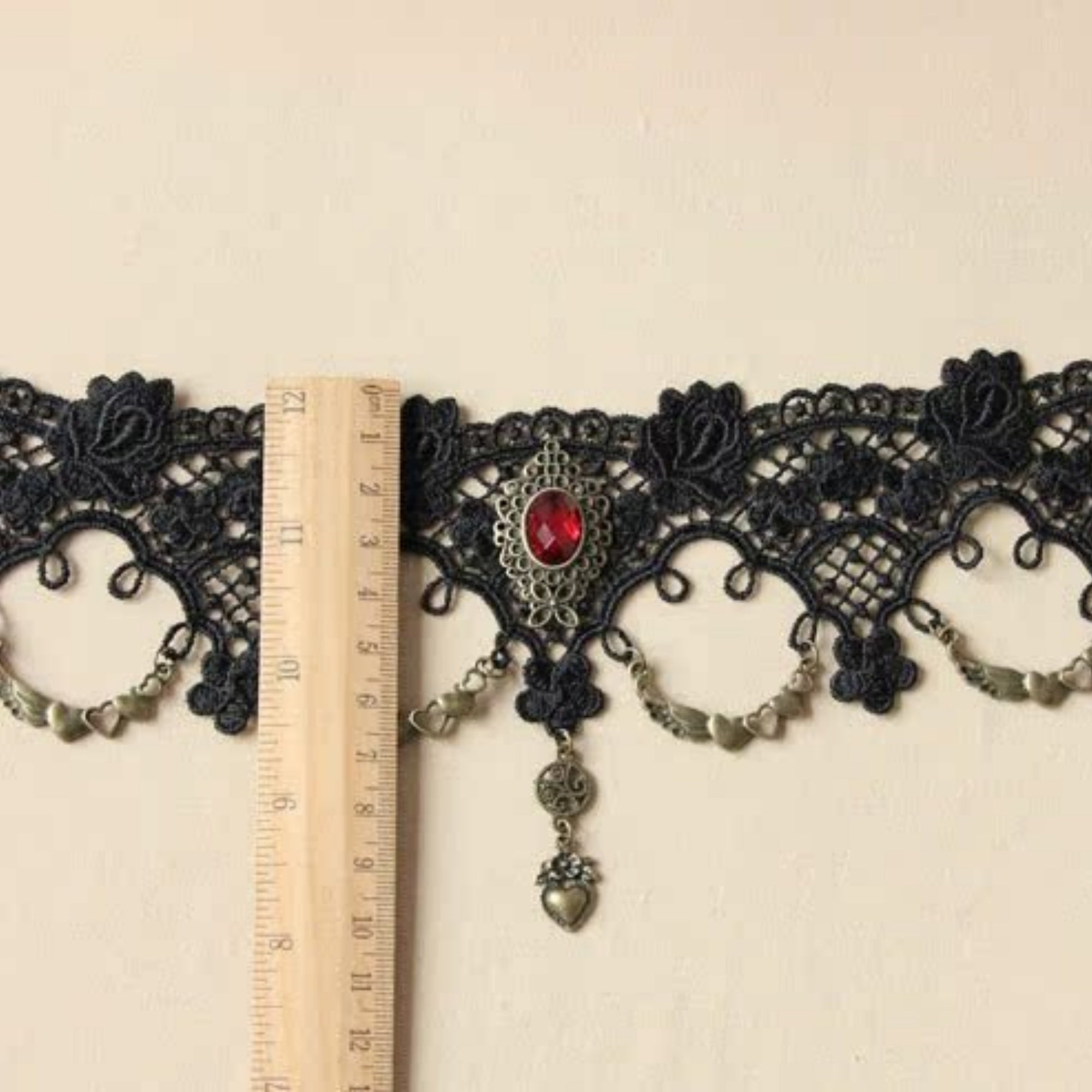 Halloween Black Gothic Lace Collar Necklace | Blood Red Gem Antique Bronze Heart Wing Drop Vampire Blood Romance Halloween Costume Jewelry Gift