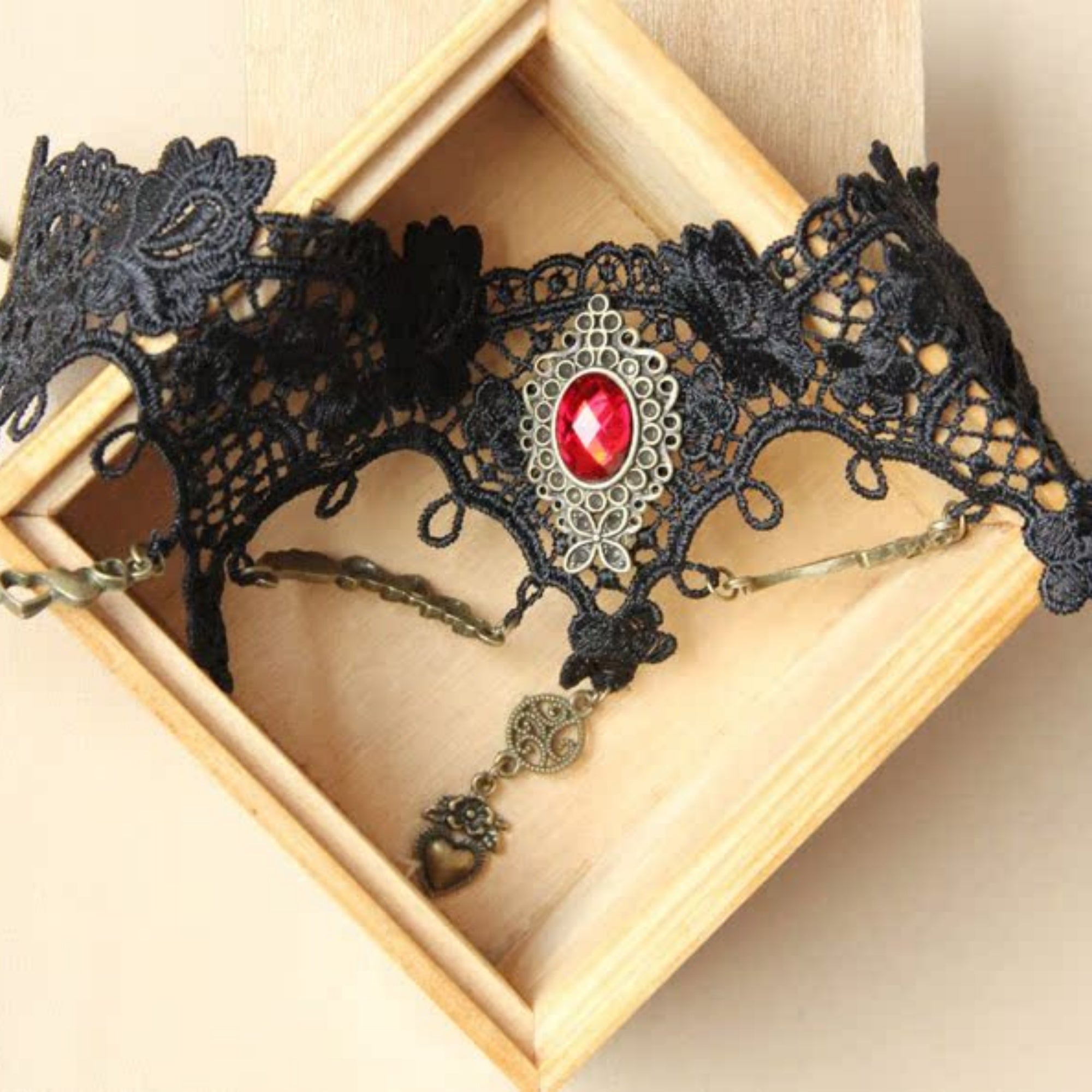 Halloween Black Gothic Lace Collar Necklace | Blood Red Gem Antique Bronze Heart Wing Drop Vampire Blood Romance Halloween Costume Jewelry Gift