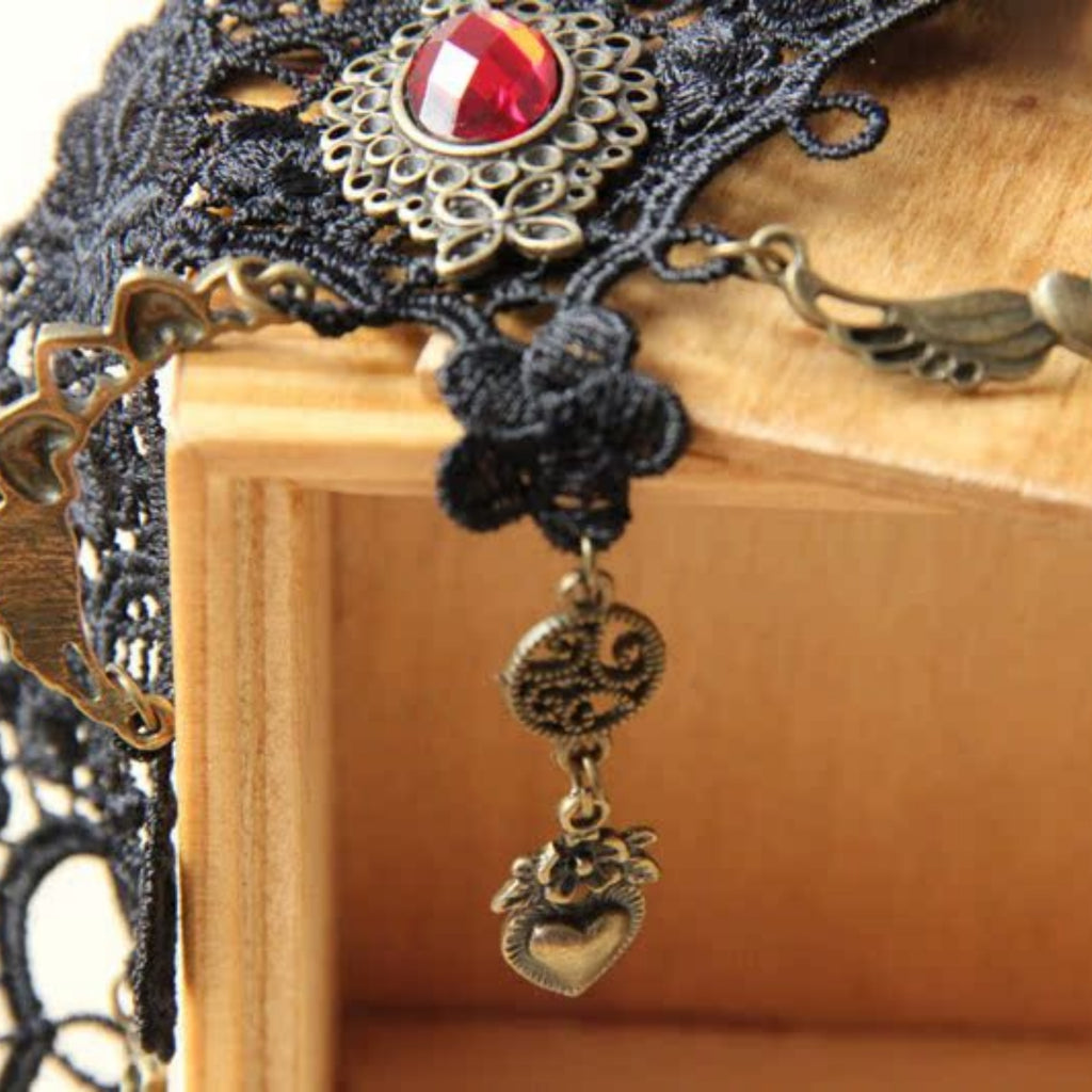 Halloween Black Gothic Lace Collar Necklace | Blood Red Gem Antique Bronze Heart Wing Drop Vampire Blood Romance Halloween Costume Jewelry Gift
