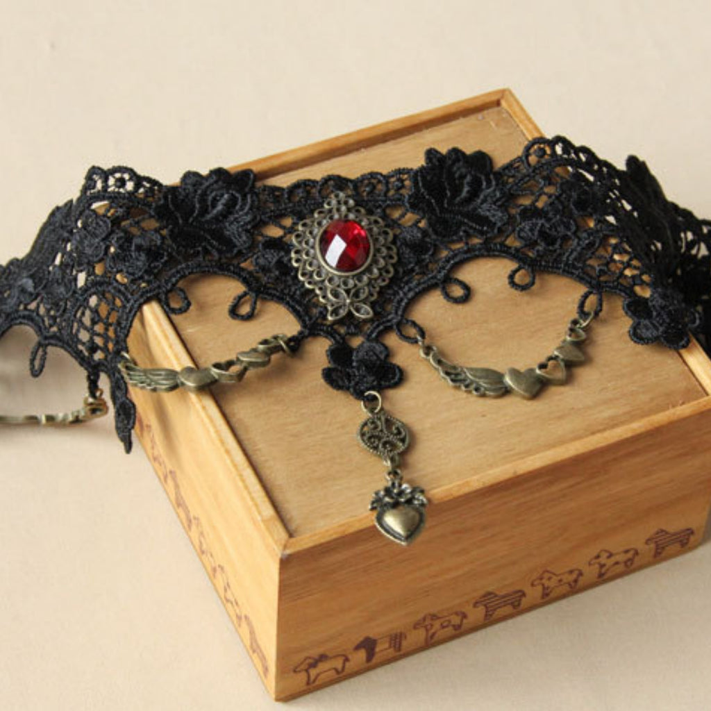 Halloween Black Gothic Lace Collar Necklace | Blood Red Gem Antique Bronze Heart Wing Drop Vampire Blood Romance Halloween Costume Jewelry Gift