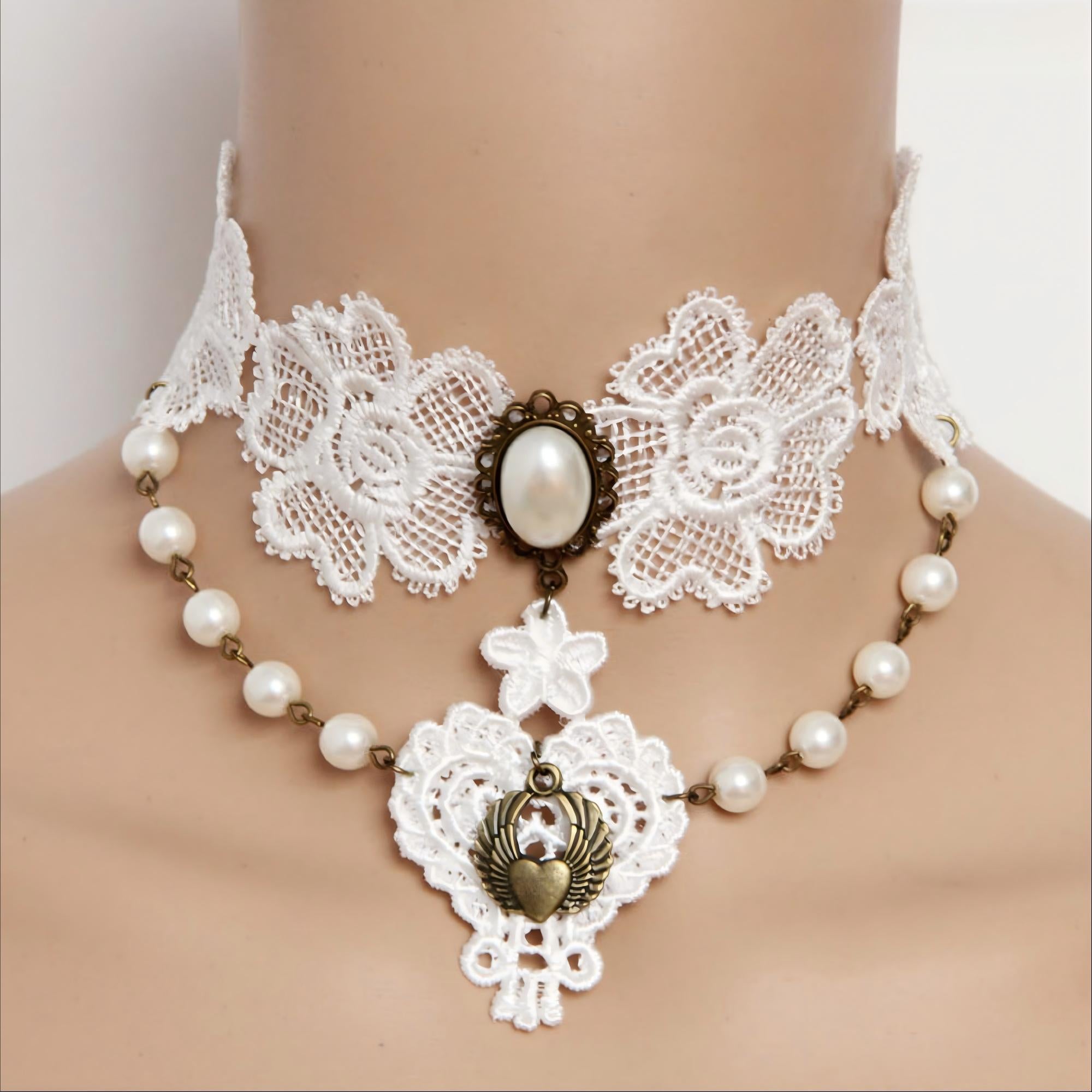 Halloween White Lace Collar Necklace | Pearl Bronze Oval Gem Angel Heart Wing Lace Heart Drop Fallen Angel Ghost Bride Halloween Costume Jewelry Gift
