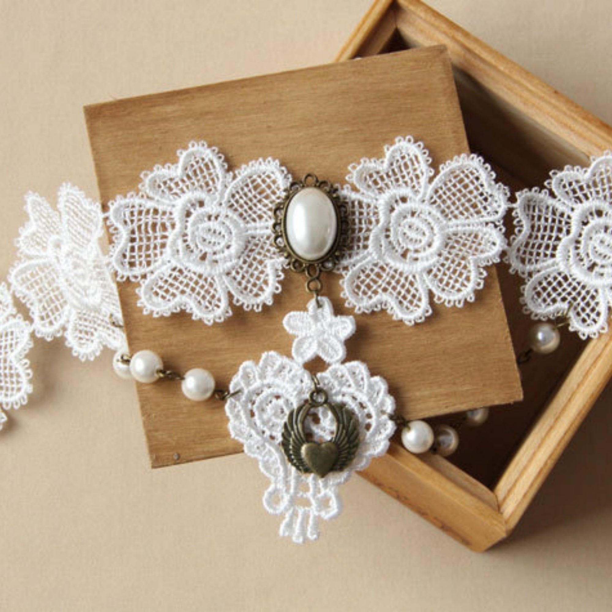 Halloween White Lace Collar Necklace | Pearl Bronze Oval Gem Angel Heart Wing Lace Heart Drop Fallen Angel Ghost Bride Halloween Costume Jewelry Gift