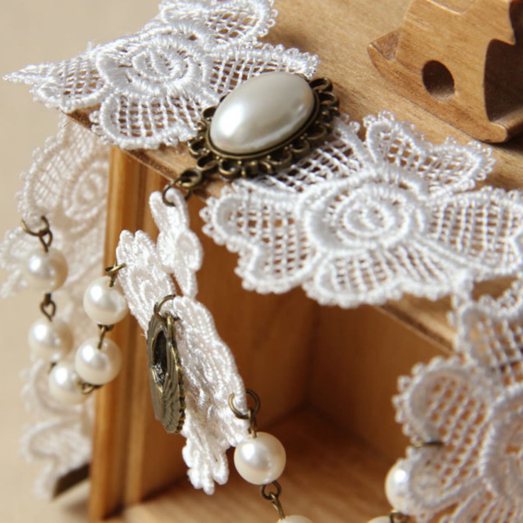 Halloween White Lace Collar Necklace | Pearl Bronze Oval Gem Angel Heart Wing Lace Heart Drop Fallen Angel Ghost Bride Halloween Costume Jewelry Gift