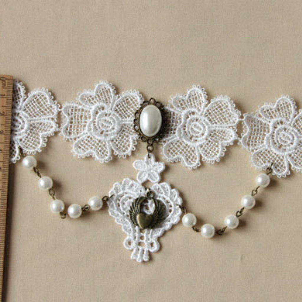 Halloween White Lace Collar Necklace | Pearl Bronze Oval Gem Angel Heart Wing Lace Heart Drop Fallen Angel Ghost Bride Halloween Costume Jewelry Gift