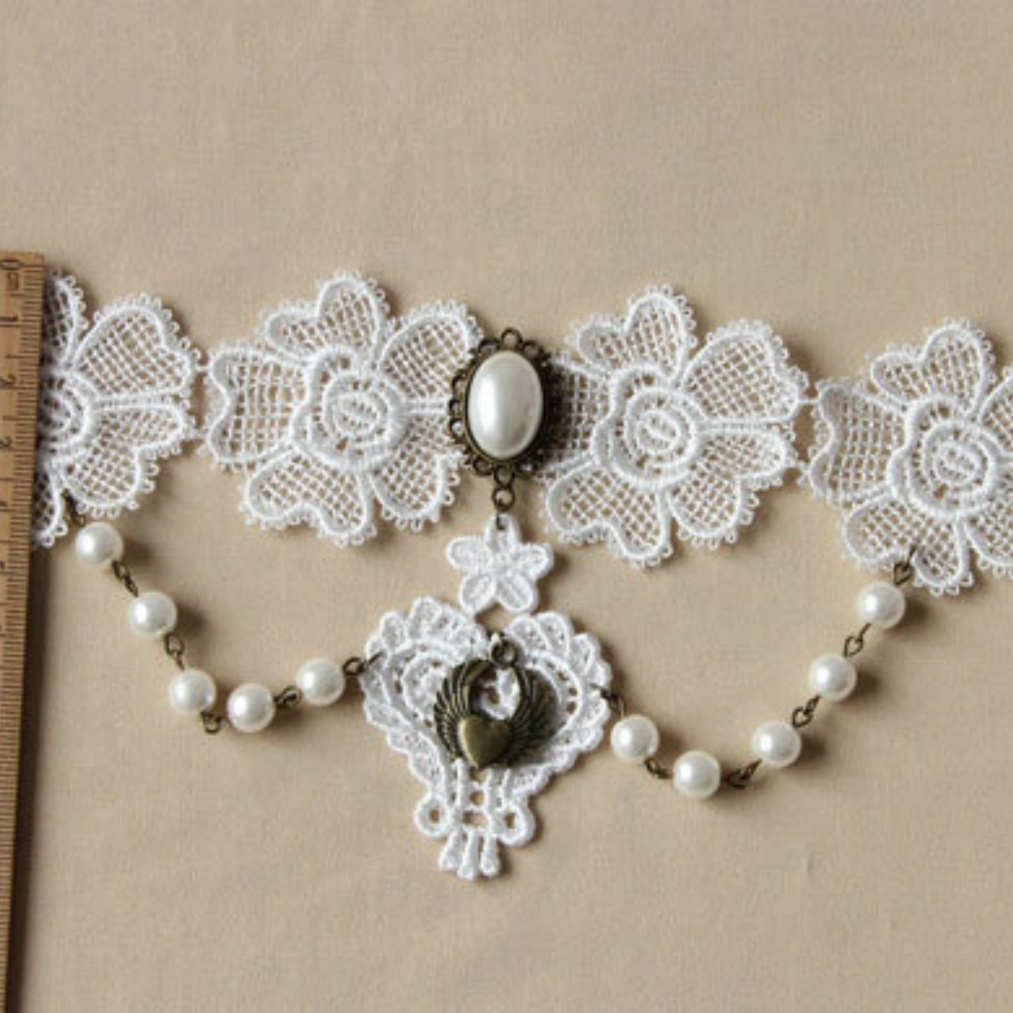 Halloween White Lace Collar Necklace | Pearl Bronze Oval Gem Angel Heart Wing Lace Heart Drop Fallen Angel Ghost Bride Halloween Costume Jewelry Gift