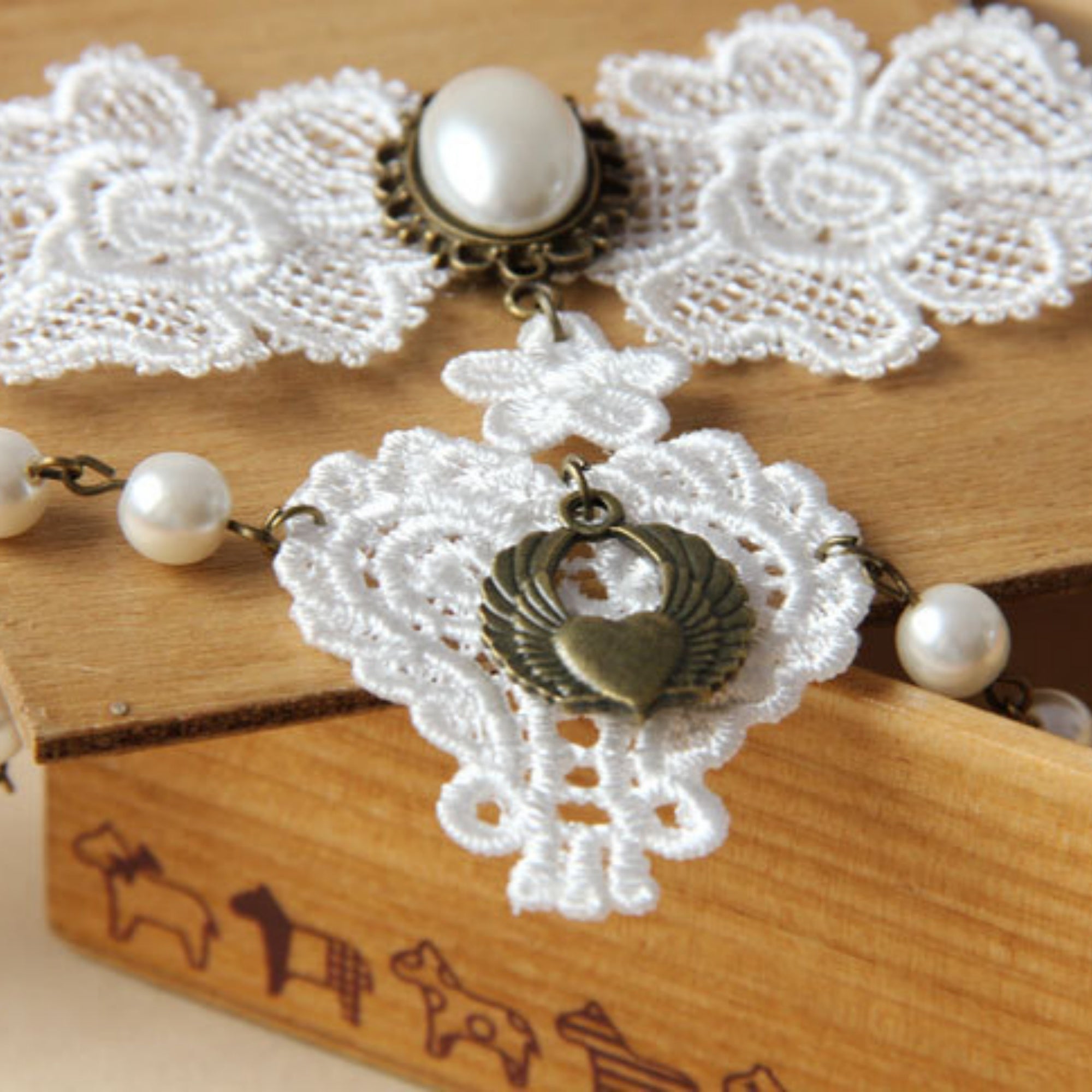 Halloween White Lace Collar Necklace | Pearl Bronze Oval Gem Angel Heart Wing Lace Heart Drop Fallen Angel Ghost Bride Halloween Costume Jewelry Gift