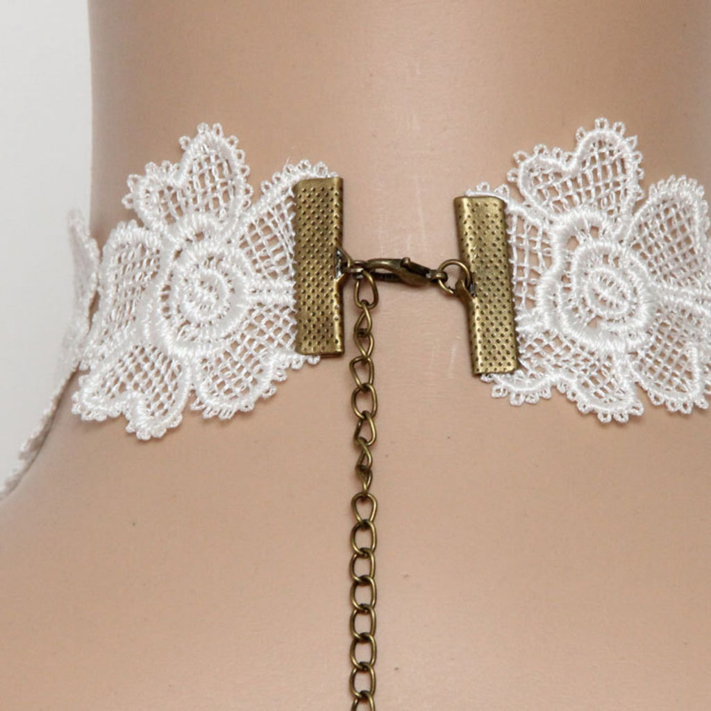 Halloween White Lace Collar Necklace | Pearl Bronze Oval Gem Angel Heart Wing Lace Heart Drop Fallen Angel Ghost Bride Halloween Costume Jewelry Gift