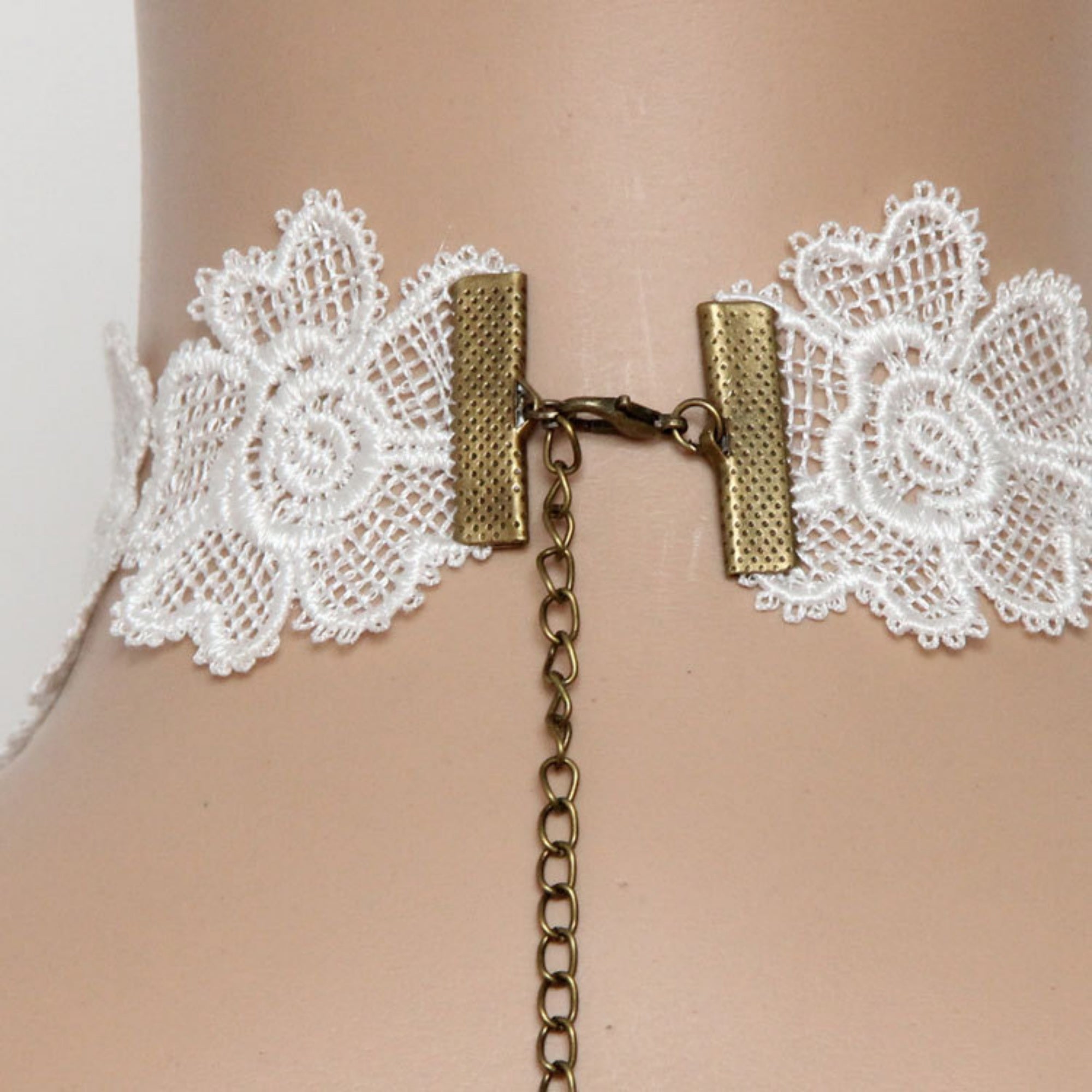 Halloween White Lace Collar Necklace | Pearl Bronze Oval Gem Angel Heart Wing Lace Heart Drop Fallen Angel Ghost Bride Halloween Costume Jewelry Gift