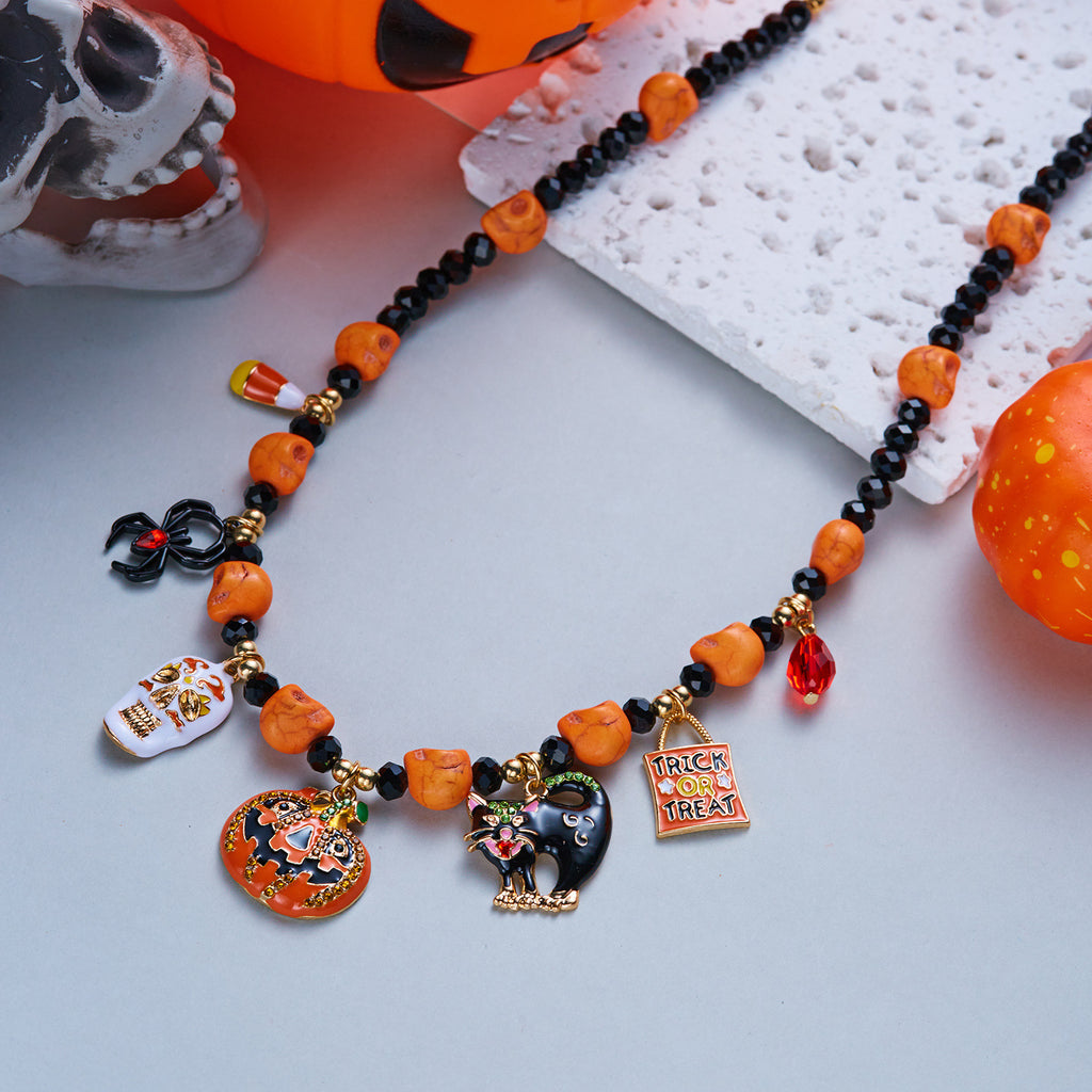 Halloween Pumpkin Skull Black Cat Charm Beaded Necklace | Orange Bead Black Crystal Trick or Treat Halloween Jewelry
