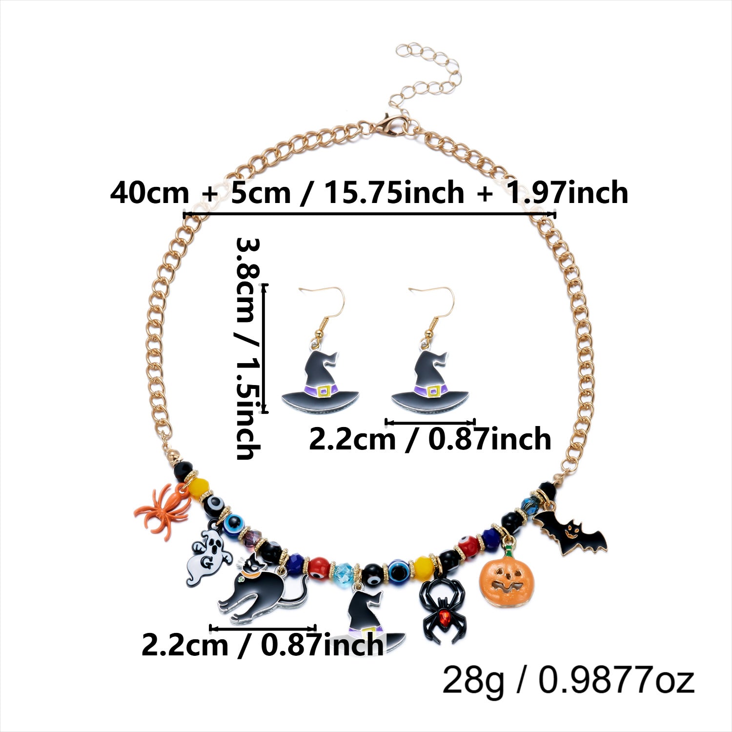 Halloween Ghost Black Cat Pumpkin Charm Necklace & Witch Hat Earring Set | Colorful Bead Gold Chain Halloween Jewelry