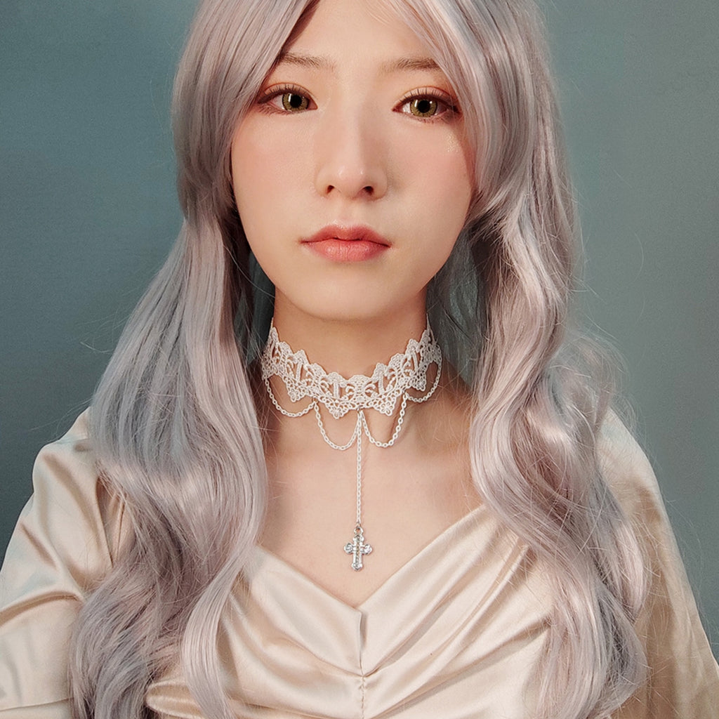 White Lace Wide Choker Necklace | Silver Multi-Chain Cross Pendant Lolita Angel Dark Romance Bridal Halloween Jewelry