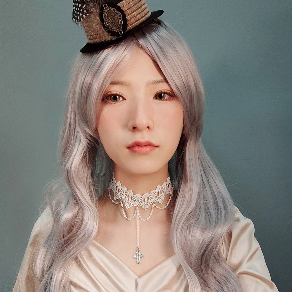 White Lace Wide Choker Necklace | Silver Multi-Chain Cross Pendant Lolita Angel Dark Romance Bridal Halloween Jewelry