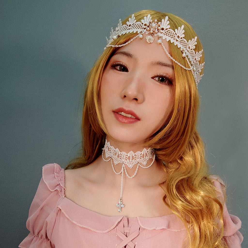 White Lace Wide Choker Necklace | Silver Multi-Chain Cross Pendant Lolita Angel Dark Romance Bridal Halloween Jewelry