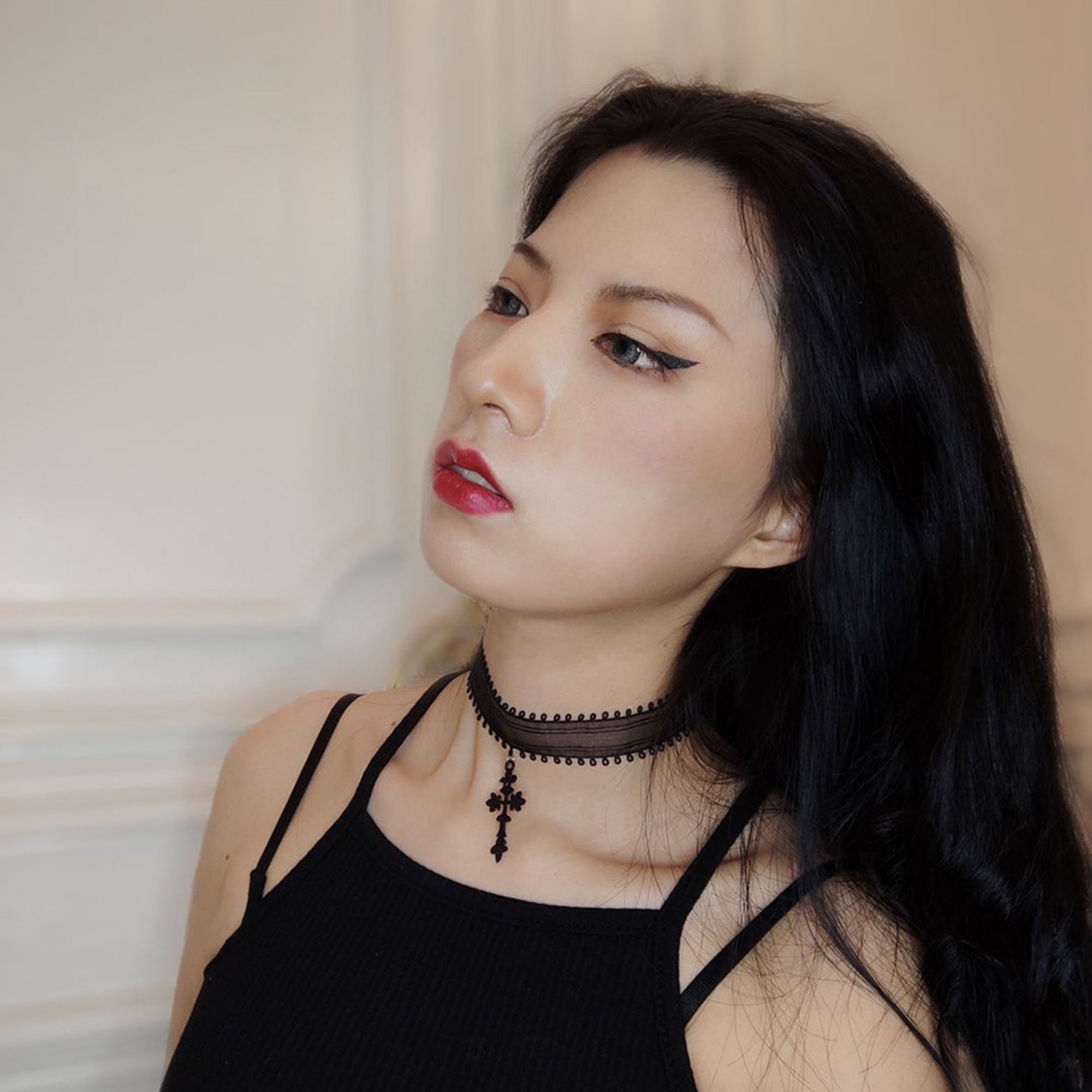 Halloween Black Mesh Lace Loop Edge Choker Necklace | Gothic Cross Drop Pendant Chain Clasp Vampire Dark Aesthetic Halloween Costume Jewelry