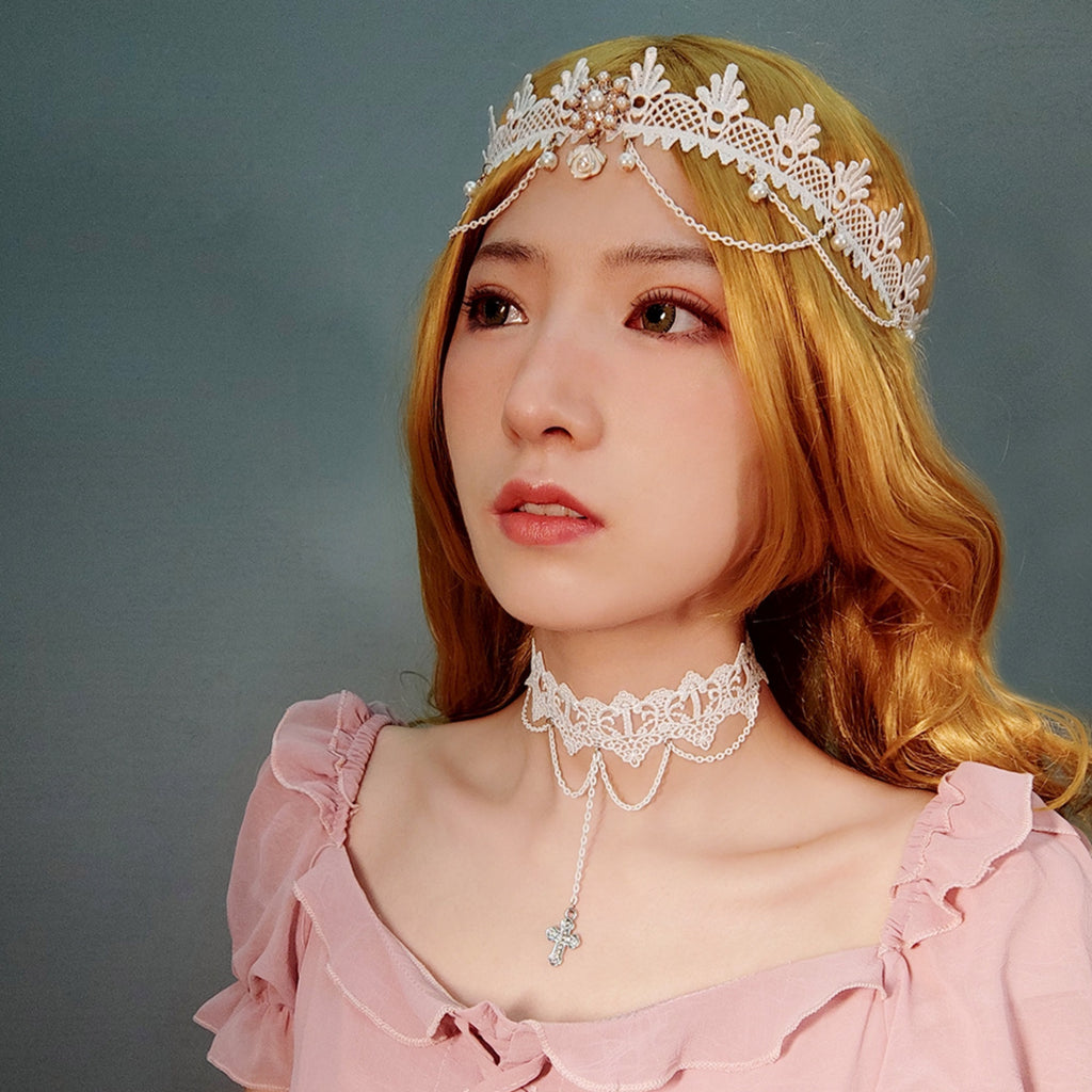 White Lace Wide Choker Necklace | Silver Multi-Chain Cross Pendant Lolita Angel Dark Romance Bridal Halloween Jewelry