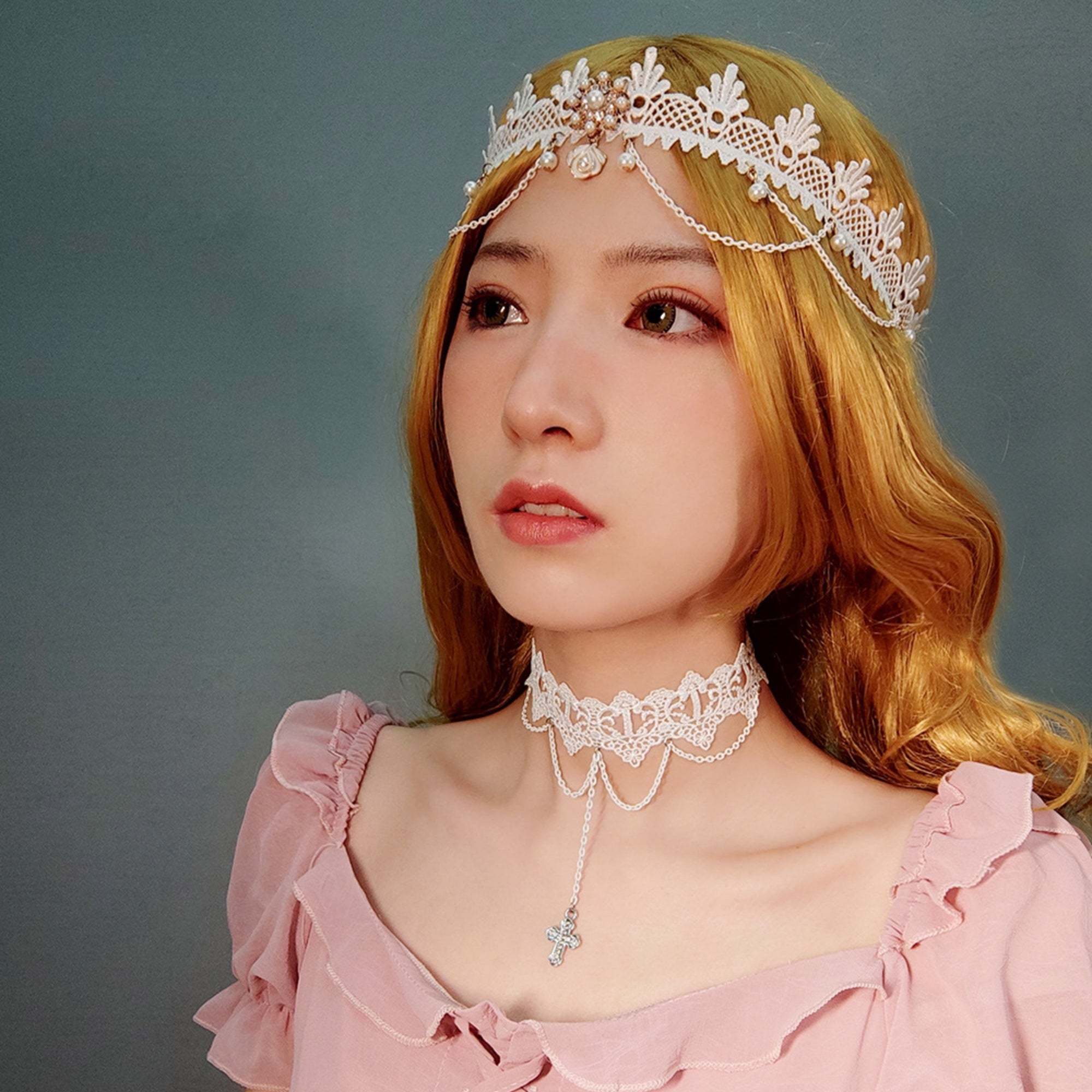 White Lace Wide Choker Necklace | Silver Multi-Chain Cross Pendant Lolita Angel Dark Romance Bridal Halloween Jewelry