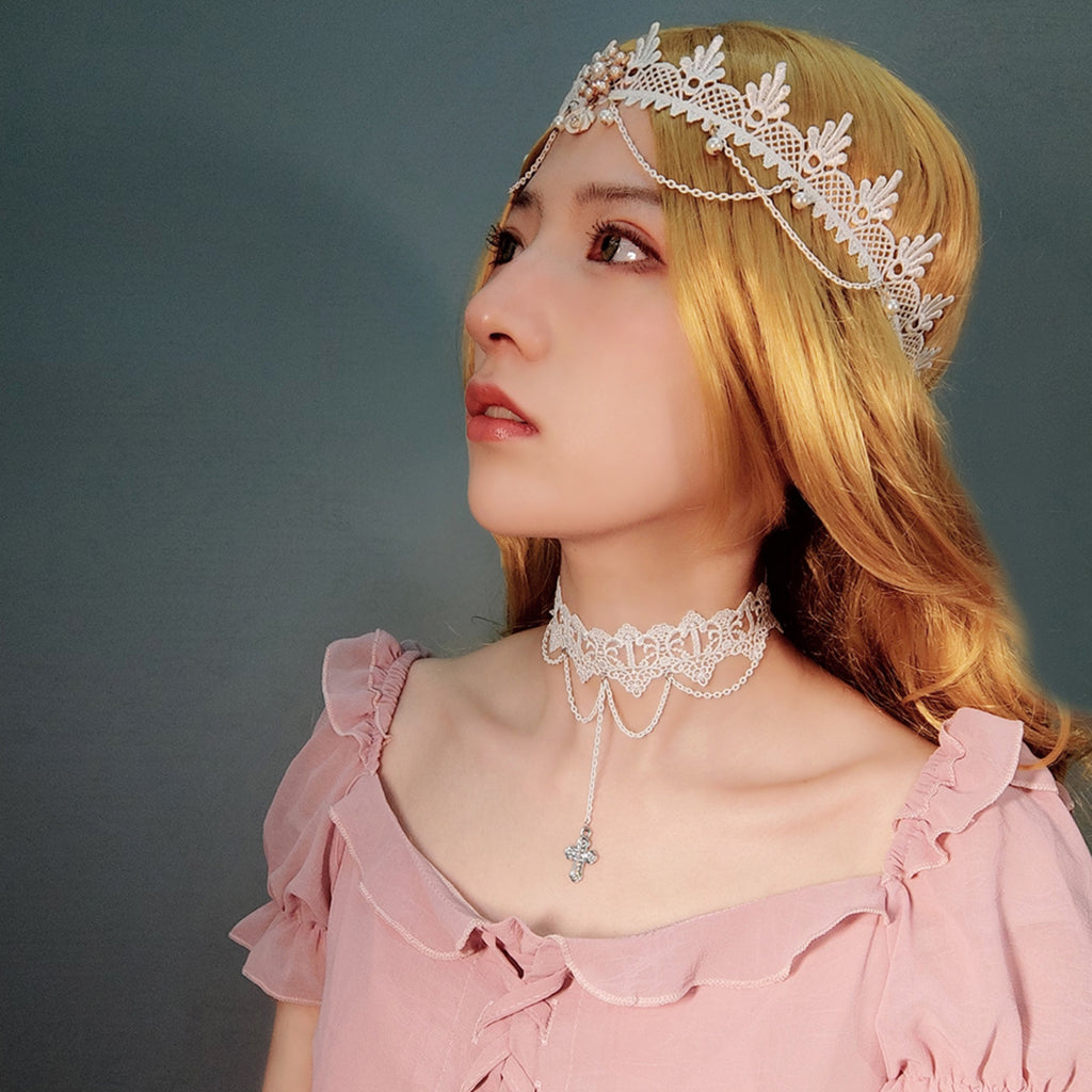 White Lace Wide Choker Necklace | Silver Multi-Chain Cross Pendant Lolita Angel Dark Romance Bridal Halloween Jewelry