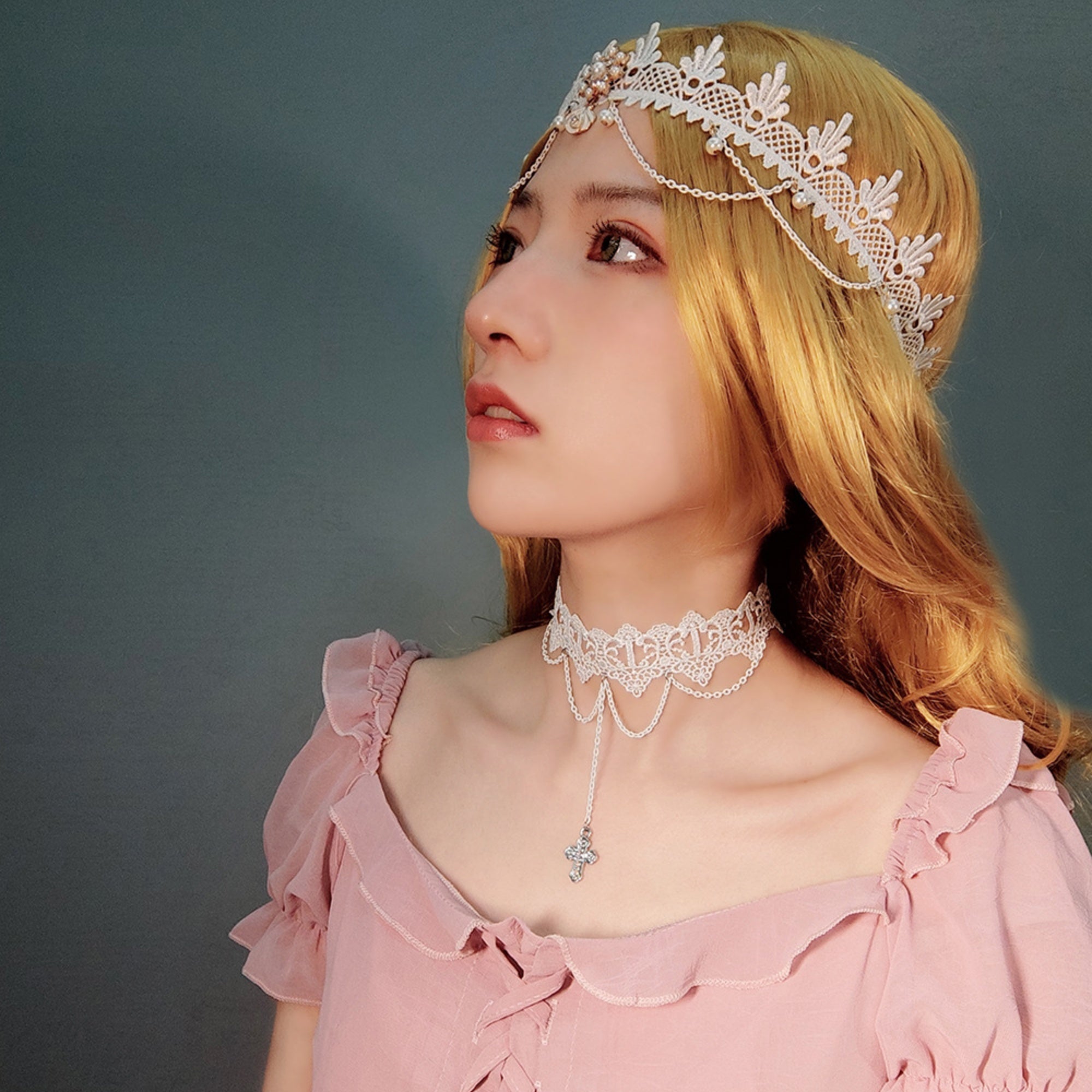 White Lace Wide Choker Necklace | Silver Multi-Chain Cross Pendant Lolita Angel Dark Romance Bridal Halloween Jewelry