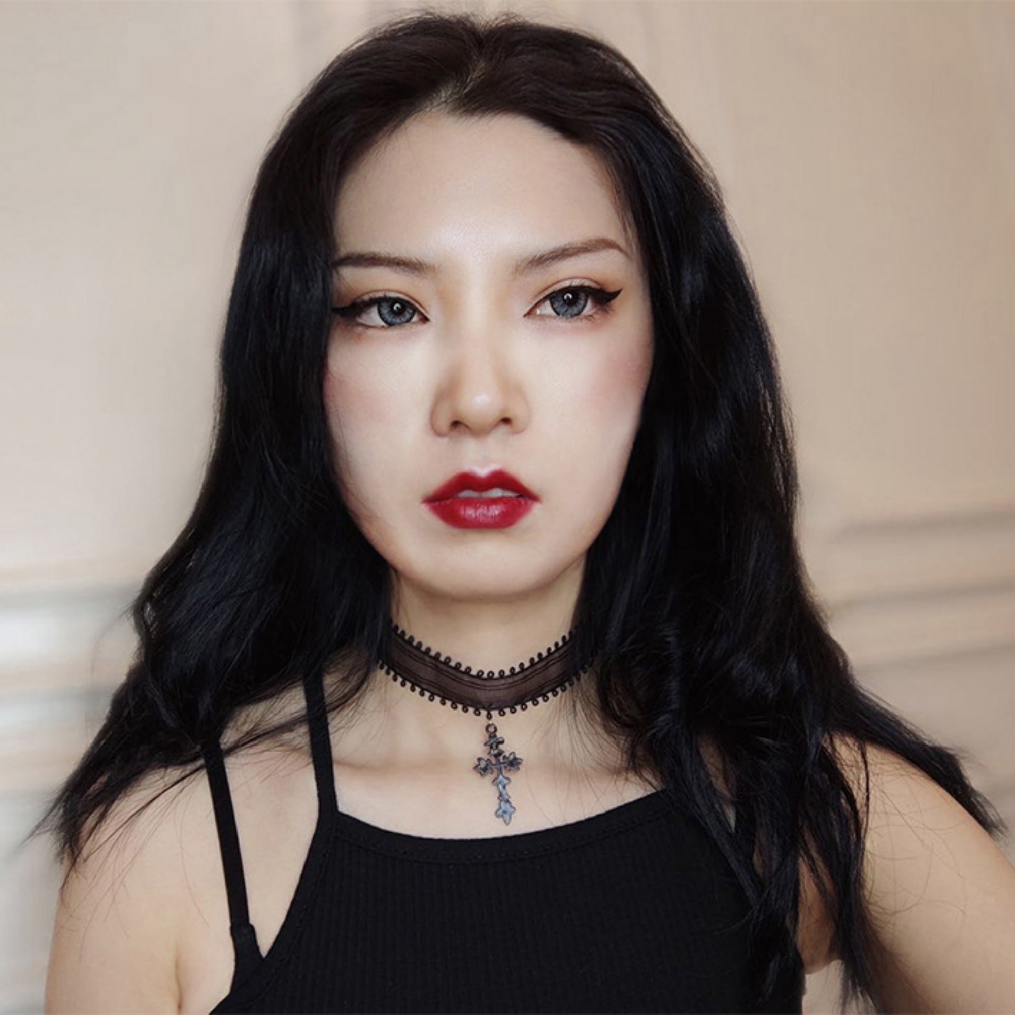 Halloween Black Mesh Lace Loop Edge Choker Necklace | Gothic Cross Drop Pendant Chain Clasp Vampire Dark Aesthetic Halloween Costume Jewelry