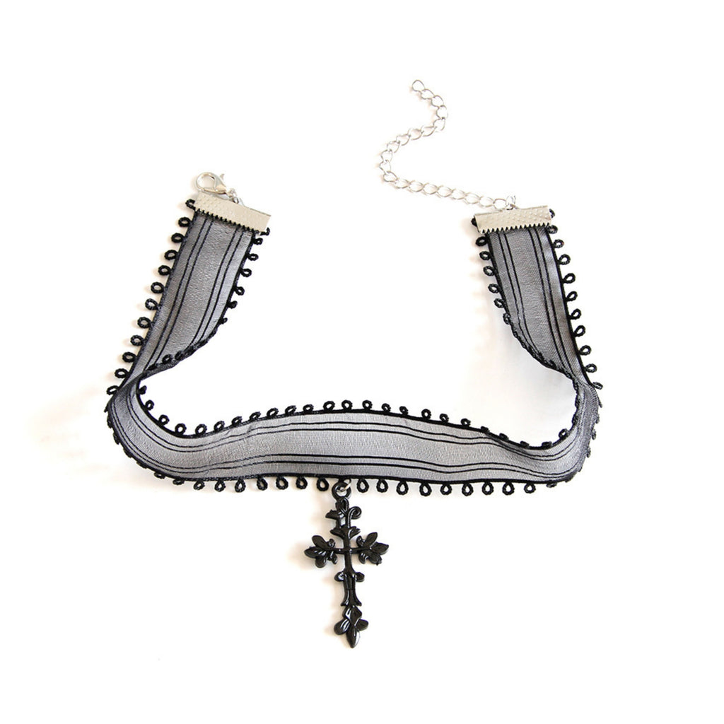 Halloween Black Mesh Lace Loop Edge Choker Necklace | Gothic Cross Drop Pendant Chain Clasp Vampire Dark Aesthetic Halloween Costume Jewelry