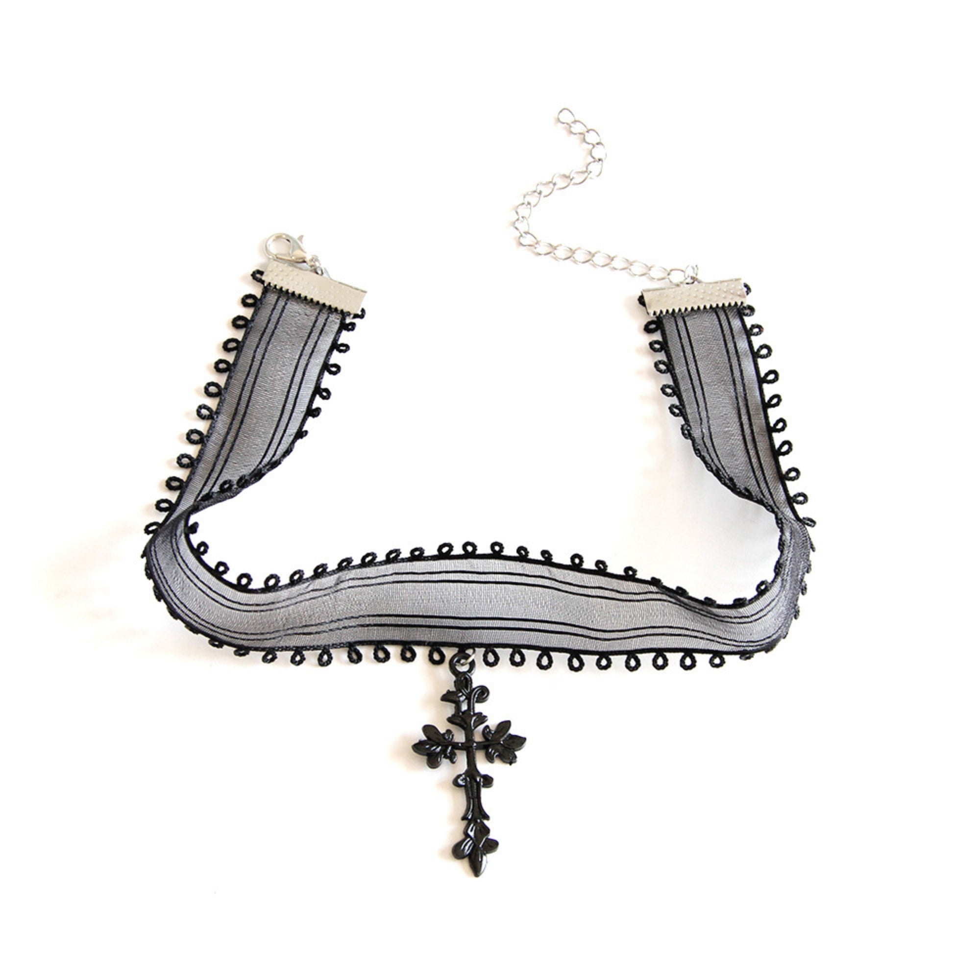 Halloween Black Mesh Lace Loop Edge Choker Necklace | Gothic Cross Drop Pendant Chain Clasp Vampire Dark Aesthetic Halloween Costume Jewelry