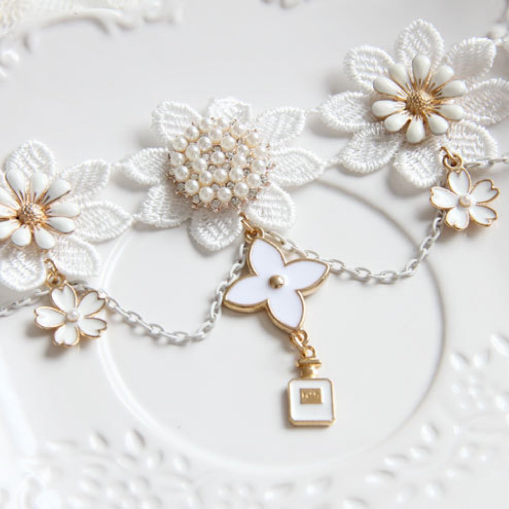 Halloween White Floral Lace Choker Necklace | Pearl Flower Enamel Daisy Perfume Bottle Charm Drop Ghost Bride Potion Witch Halloween Costume Jewelry Gift