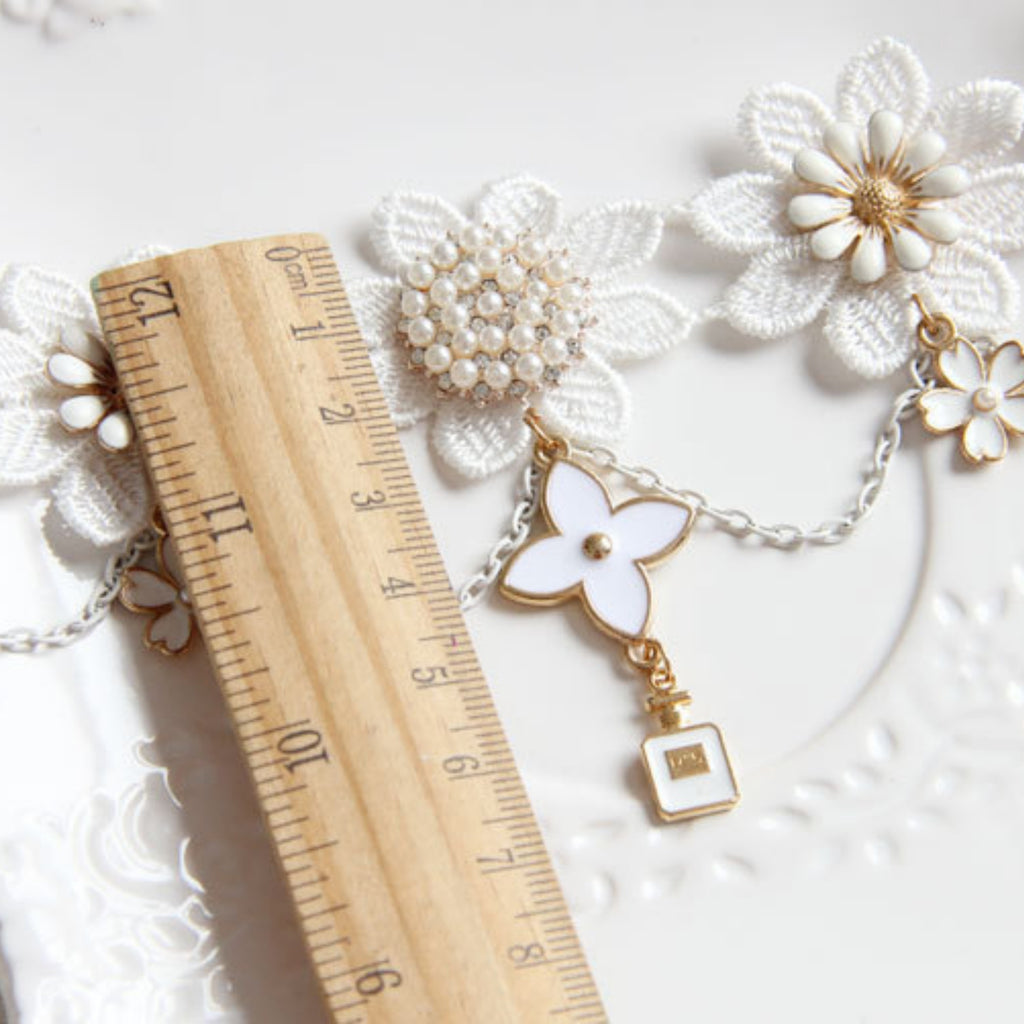 Halloween White Floral Lace Choker Necklace | Pearl Flower Enamel Daisy Perfume Bottle Charm Drop Ghost Bride Potion Witch Halloween Costume Jewelry Gift