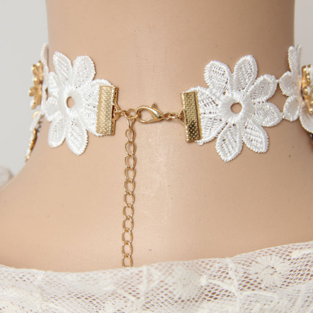 Halloween White Floral Lace Choker Necklace | Pearl Flower Enamel Daisy Perfume Bottle Charm Drop Ghost Bride Potion Witch Halloween Costume Jewelry Gift
