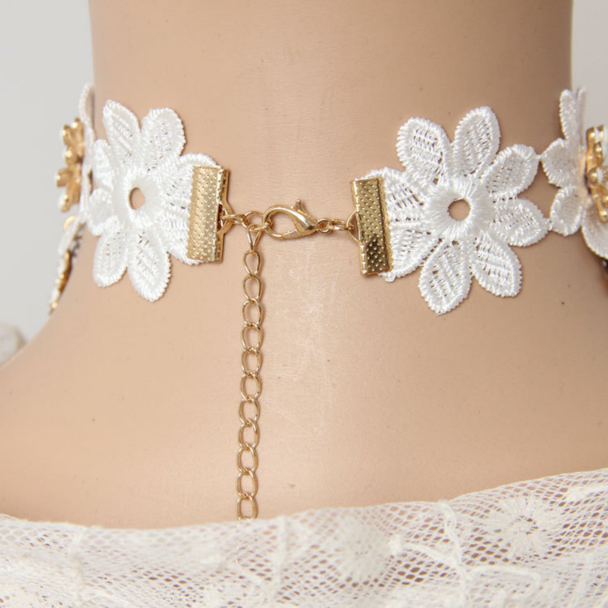 Halloween White Floral Lace Choker Necklace | Pearl Flower Enamel Daisy Perfume Bottle Charm Drop Ghost Bride Potion Witch Halloween Costume Jewelry Gift