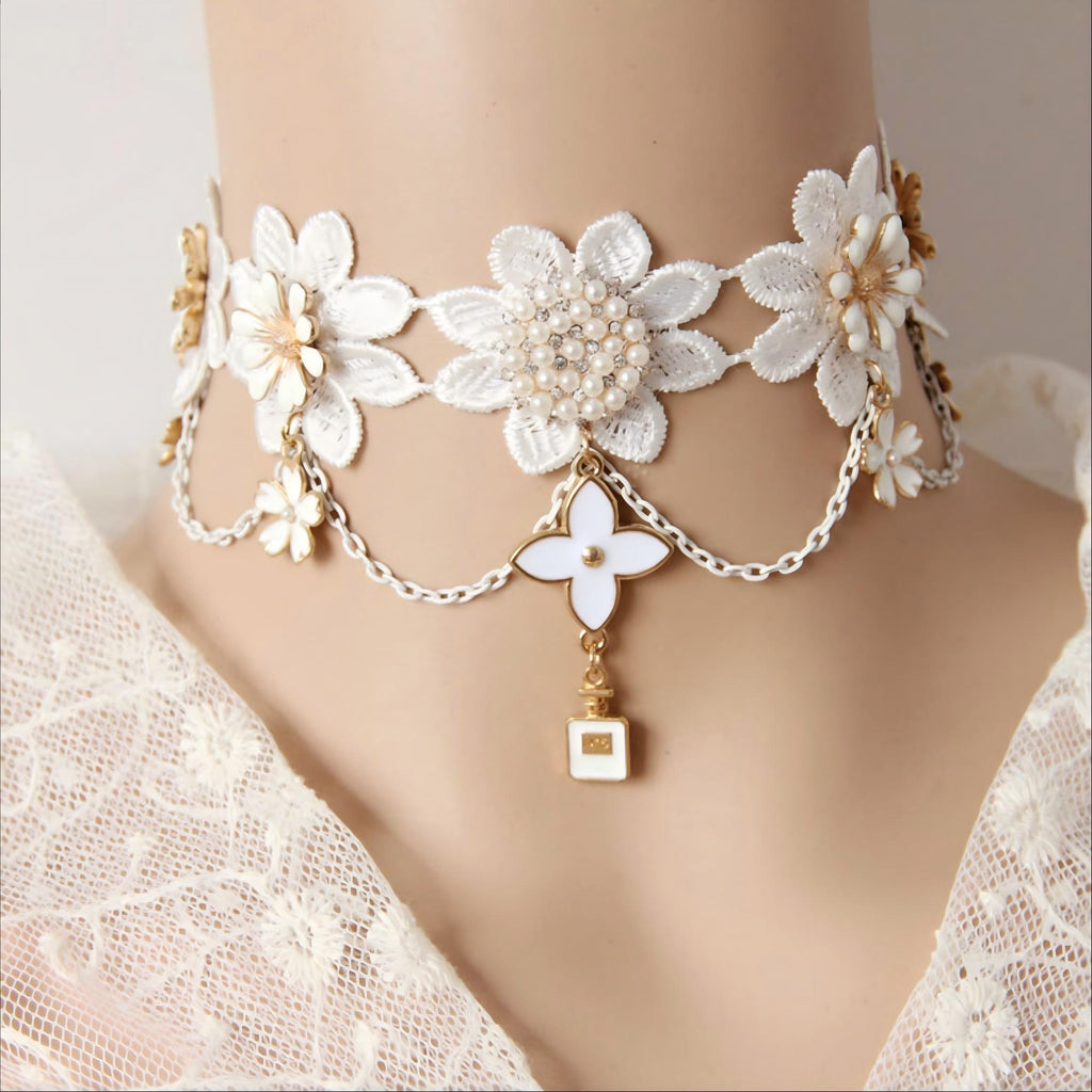 Halloween White Floral Lace Choker Necklace | Pearl Flower Enamel Daisy Perfume Bottle Charm Drop Ghost Bride Potion Witch Halloween Costume Jewelry Gift