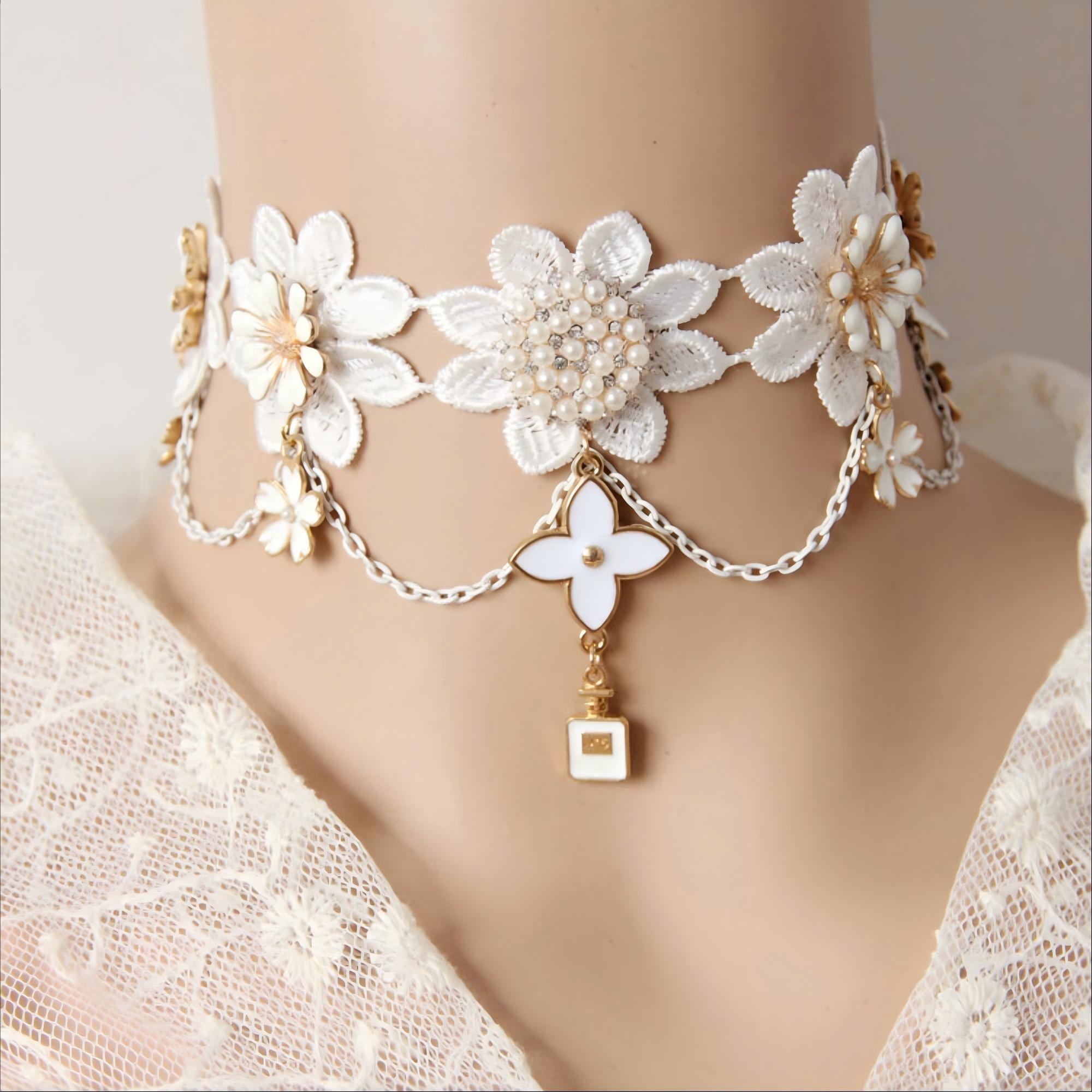 Halloween White Floral Lace Choker Necklace | Pearl Flower Enamel Daisy Perfume Bottle Charm Drop Ghost Bride Potion Witch Halloween Costume Jewelry Gift