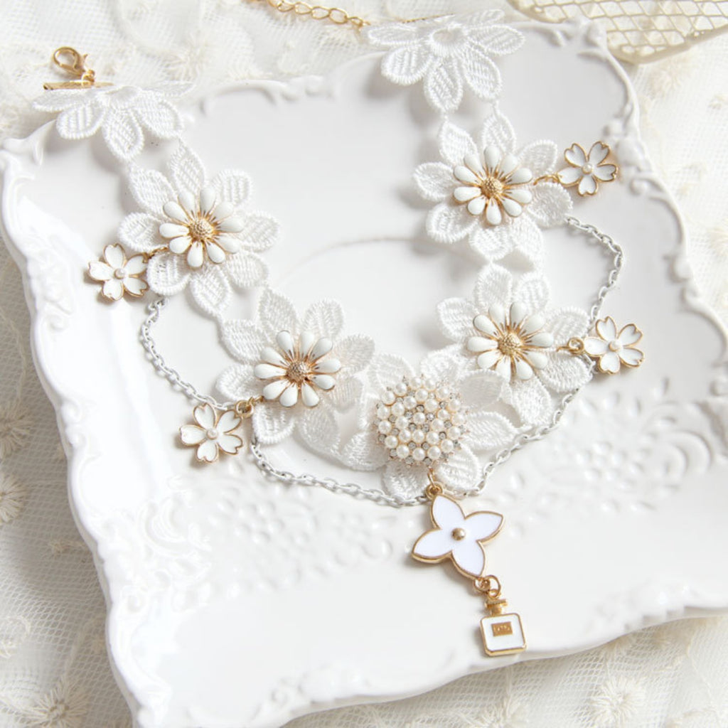 Halloween White Floral Lace Choker Necklace | Pearl Flower Enamel Daisy Perfume Bottle Charm Drop Ghost Bride Potion Witch Halloween Costume Jewelry Gift