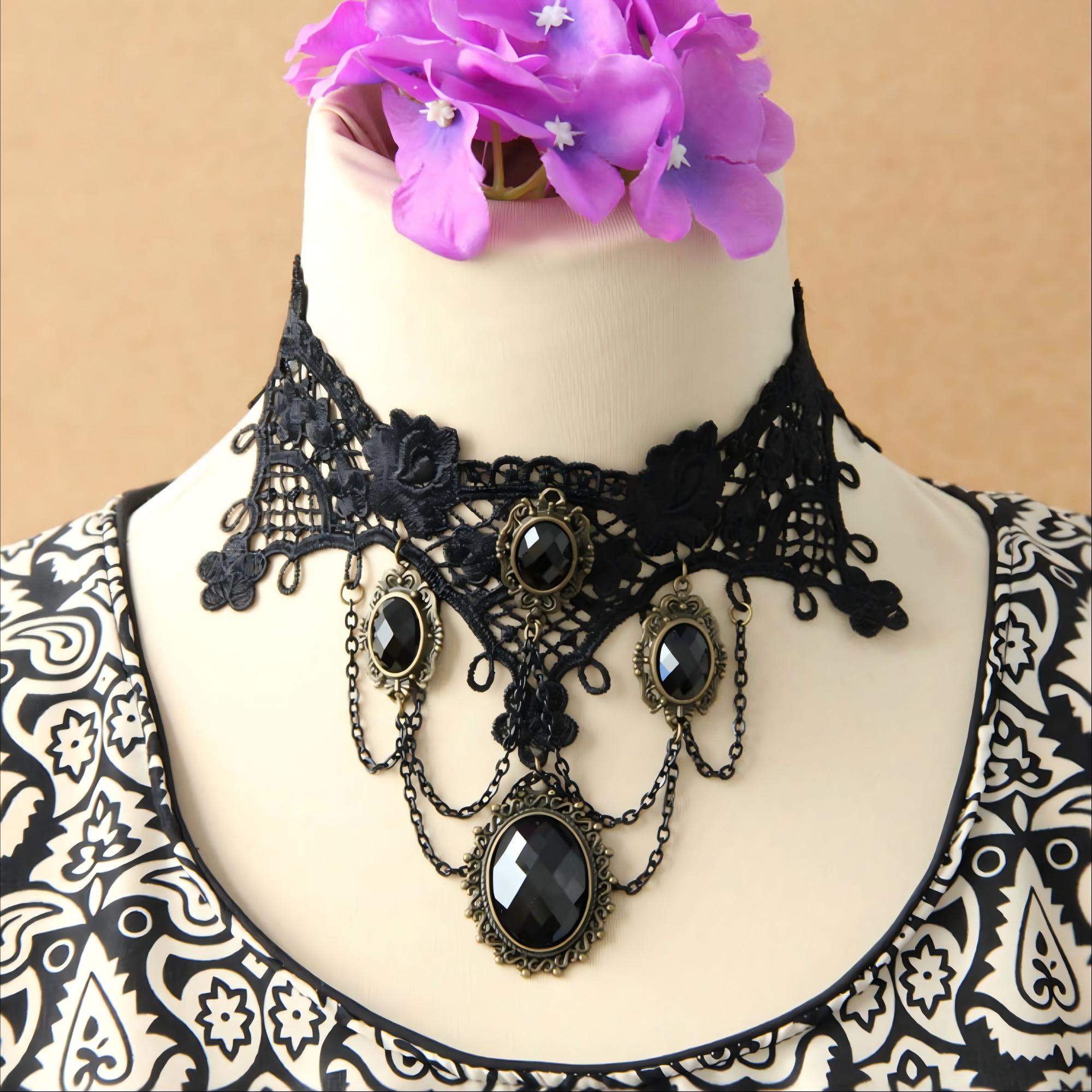 Halloween Black Gothic Lace Collar Necklace | 5 Antique Bronze Oval Gem Black Crystal Chain Drape Dark Empress Vampire Queen Halloween Costume Jewelry Gift