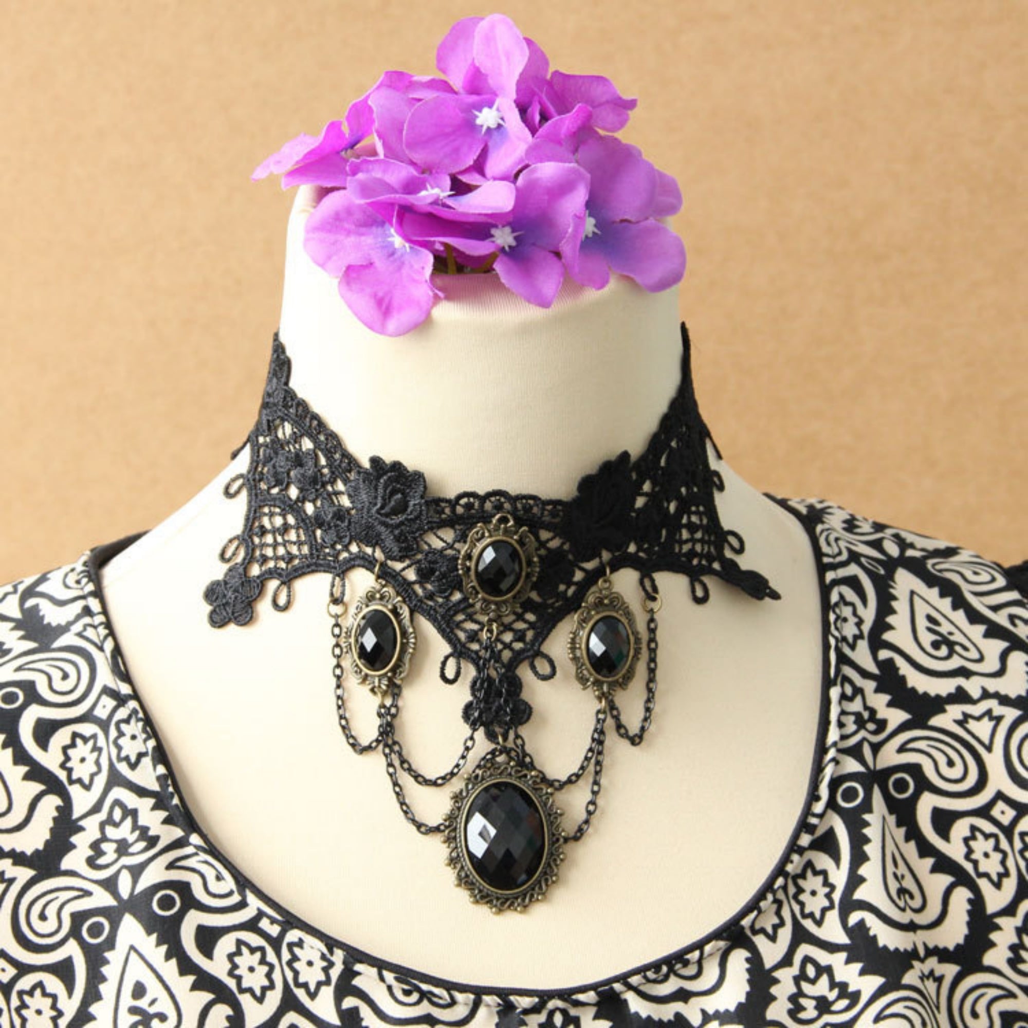 Halloween Black Gothic Lace Collar Necklace | 5 Antique Bronze Oval Gem Black Crystal Chain Drape Dark Empress Vampire Queen Halloween Costume Jewelry Gift