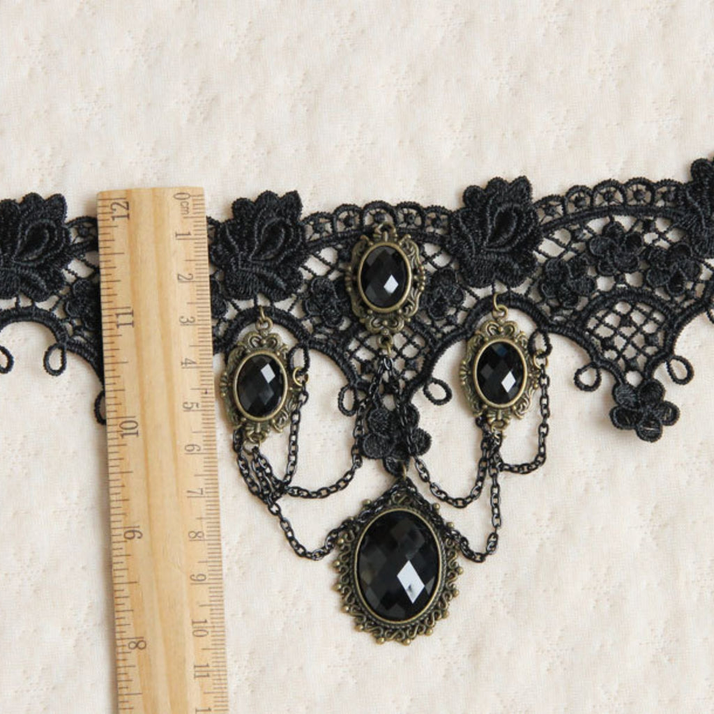 Halloween Black Gothic Lace Collar Necklace | 5 Antique Bronze Oval Gem Black Crystal Chain Drape Dark Empress Vampire Queen Halloween Costume Jewelry Gift