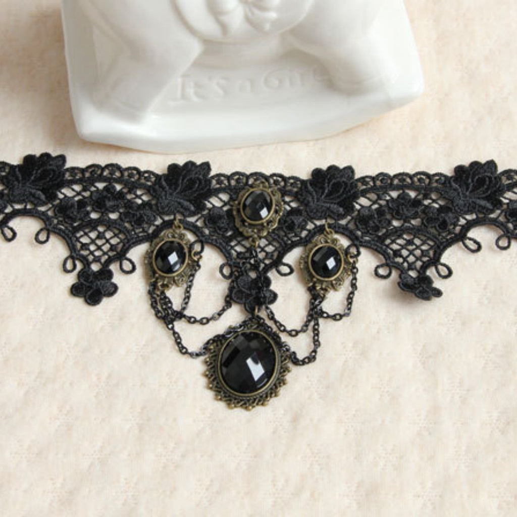 Halloween Black Gothic Lace Collar Necklace | 5 Antique Bronze Oval Gem Black Crystal Chain Drape Dark Empress Vampire Queen Halloween Costume Jewelry Gift